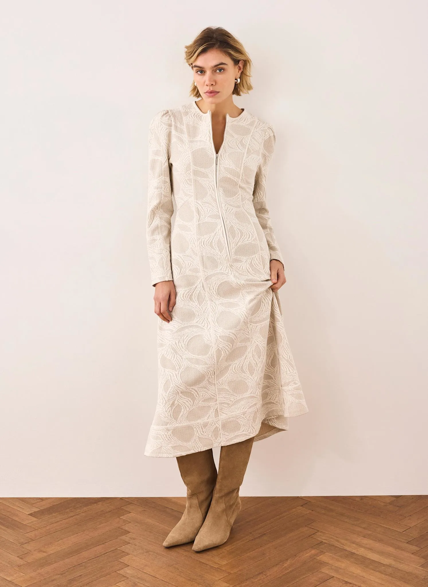 Neutral Jacquard Zip Detail Midi Dress sold by Mint Velvet product image thumbnail 4