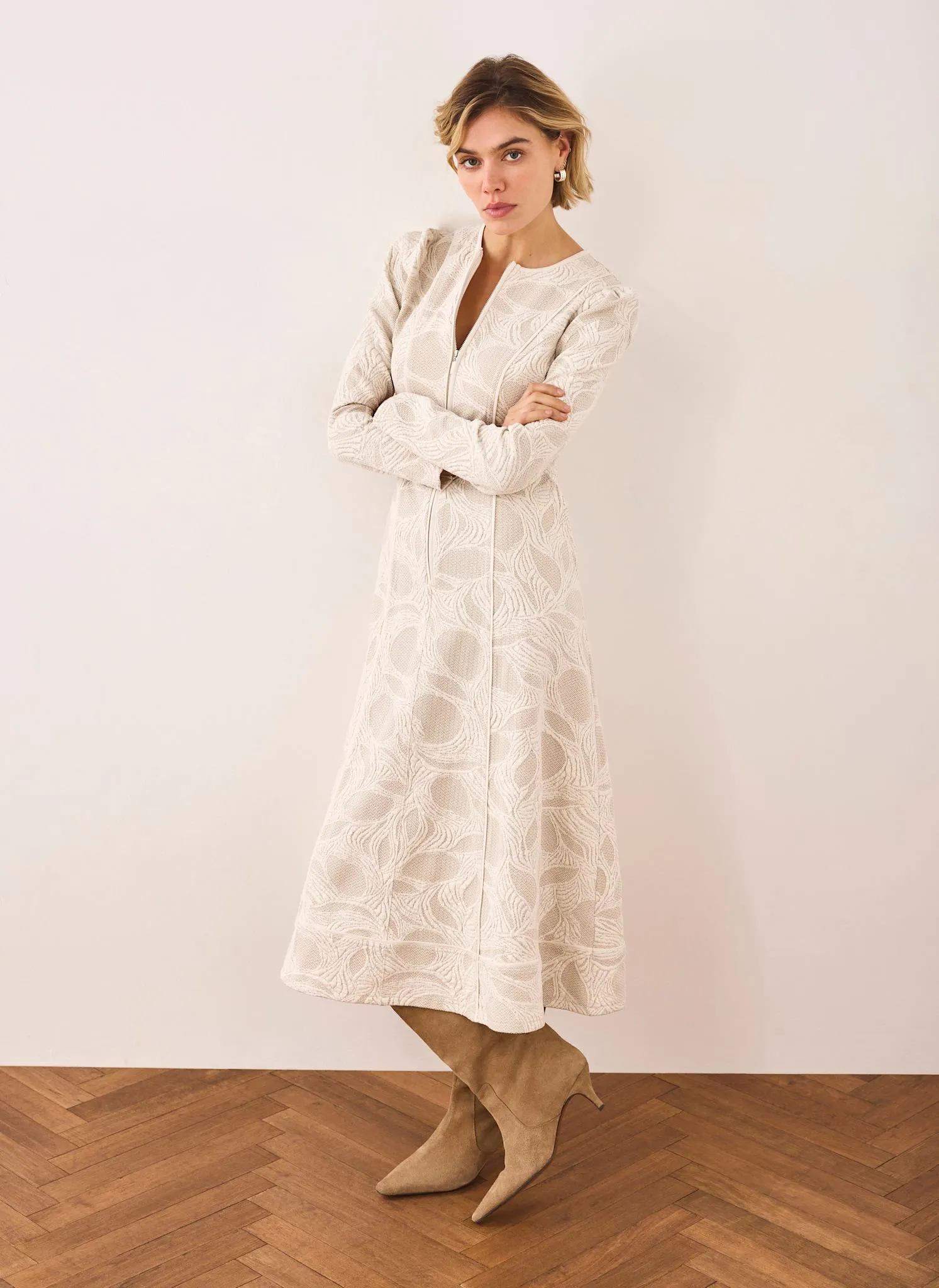 Neutral Jacquard Zip Detail Midi Dress sold by Mint Velvet product image thumbnail 5