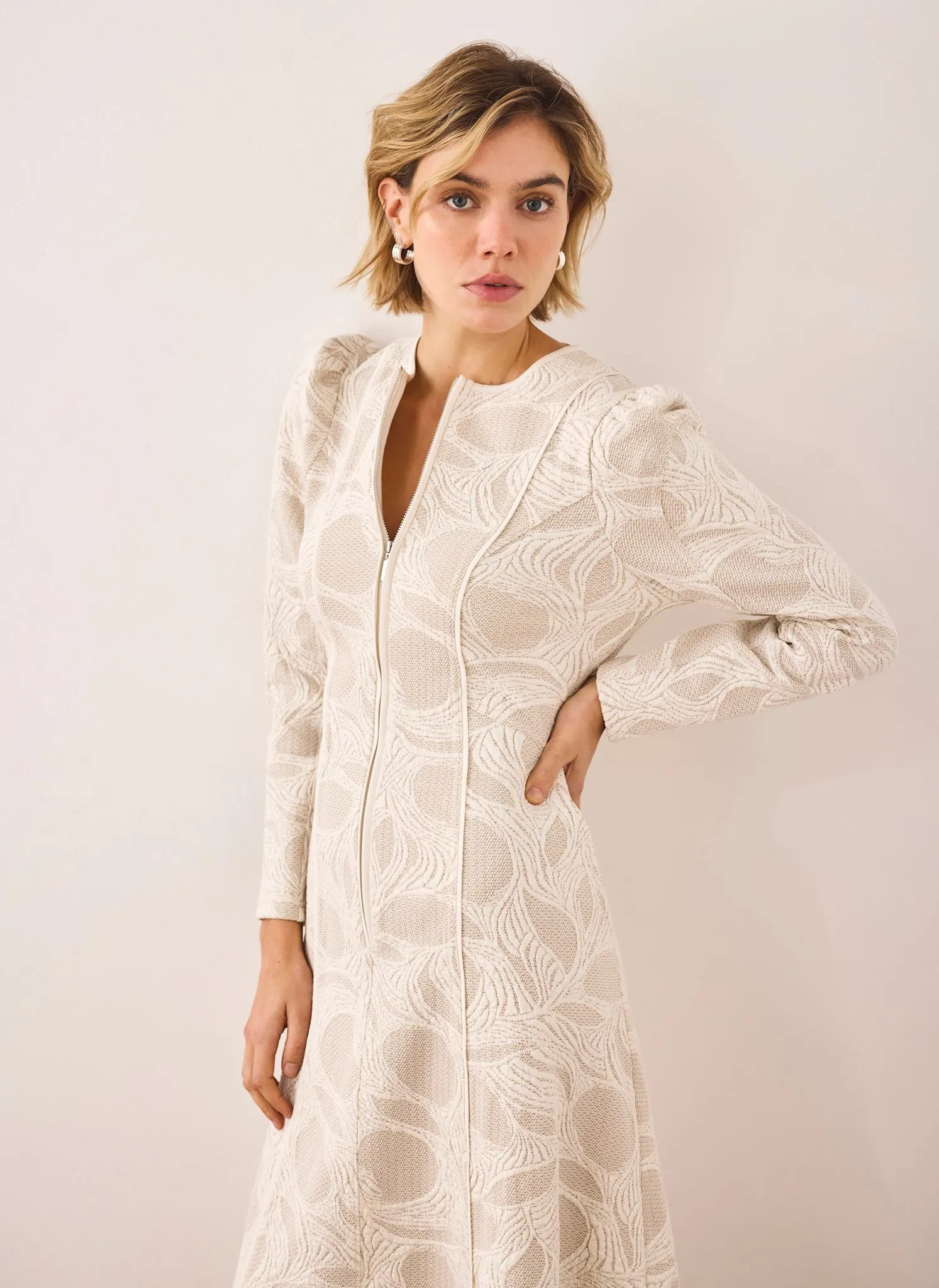 Neutral Jacquard Zip Detail Midi Dress sold by Mint Velvet product image thumbnail 3