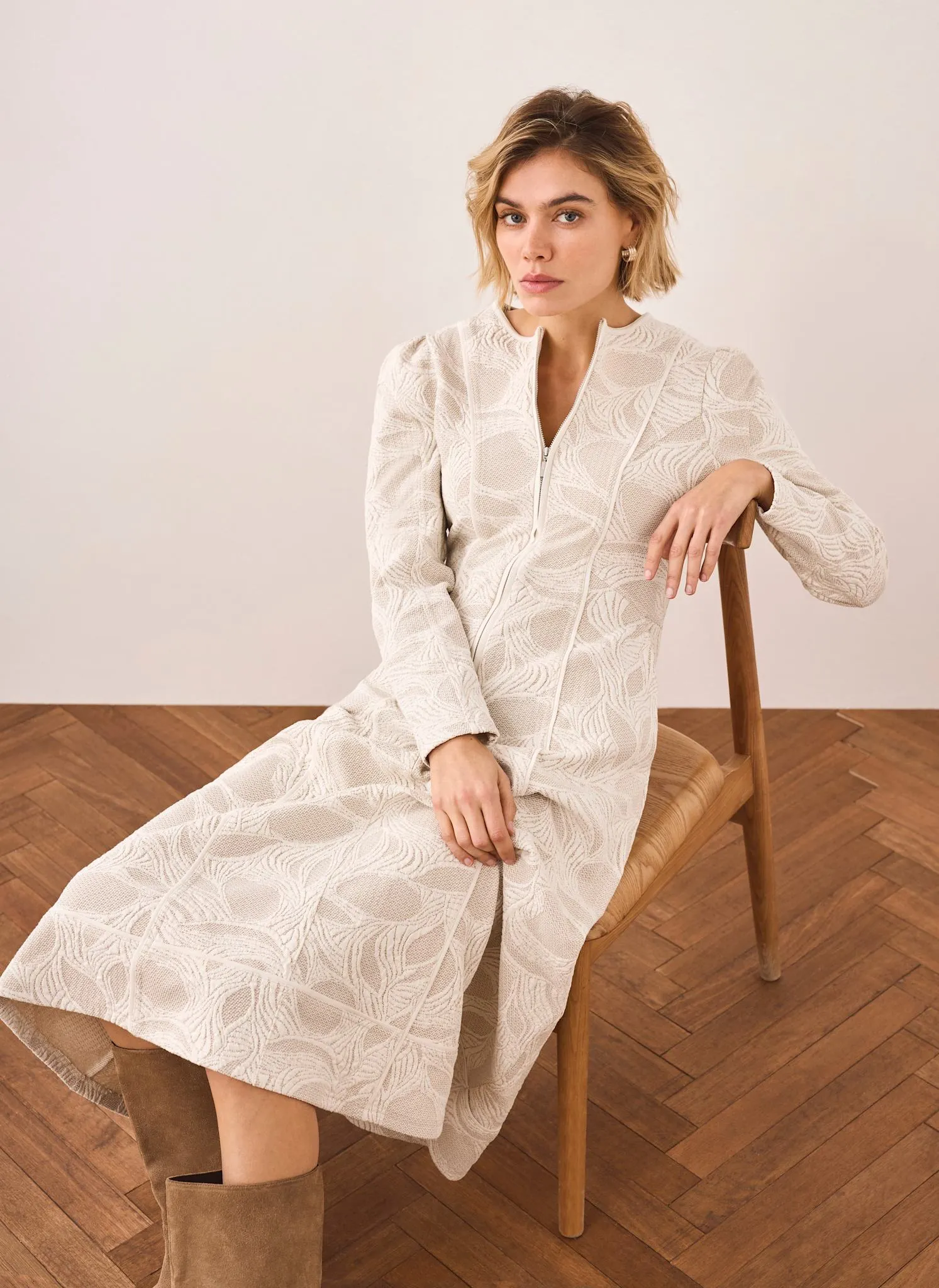 Neutral Jacquard Zip Detail Midi Dress sold by Mint Velvet product image thumbnail 2