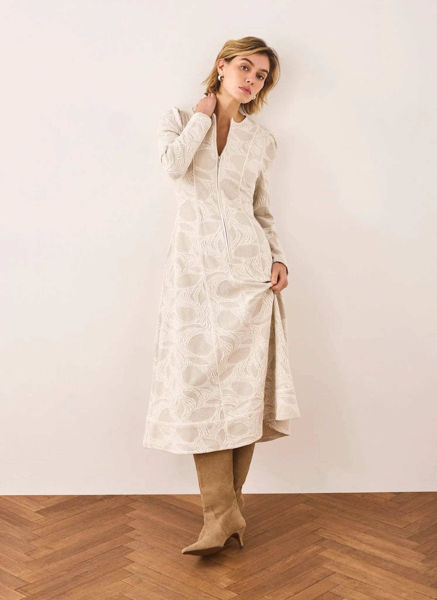 Neutral Jacquard Zip Detail Midi Dress sold by Mint Velvet