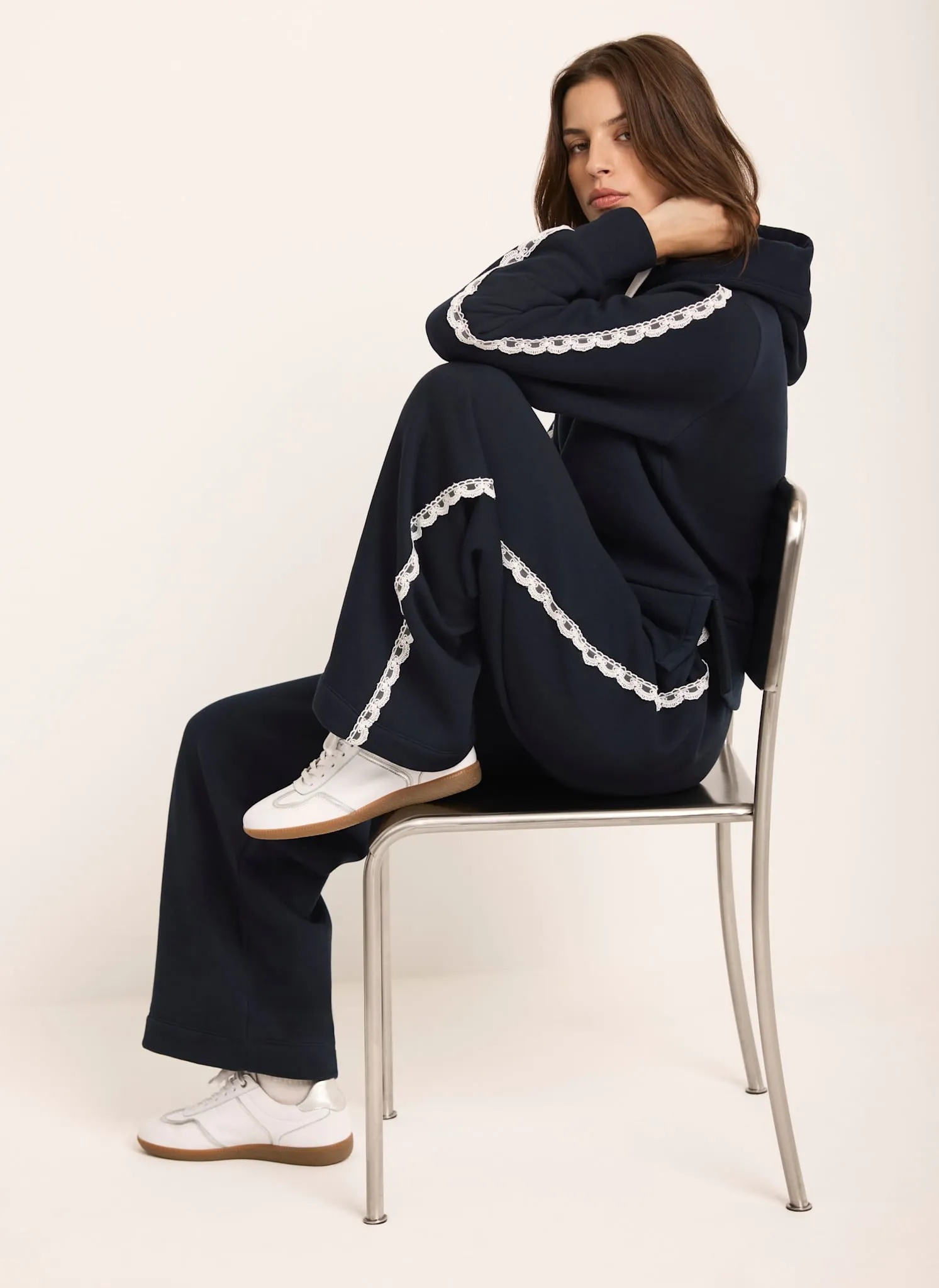 Navy Jersey Crochet Trim Wide Joggers sold by Mint Velvet product image thumbnail 3