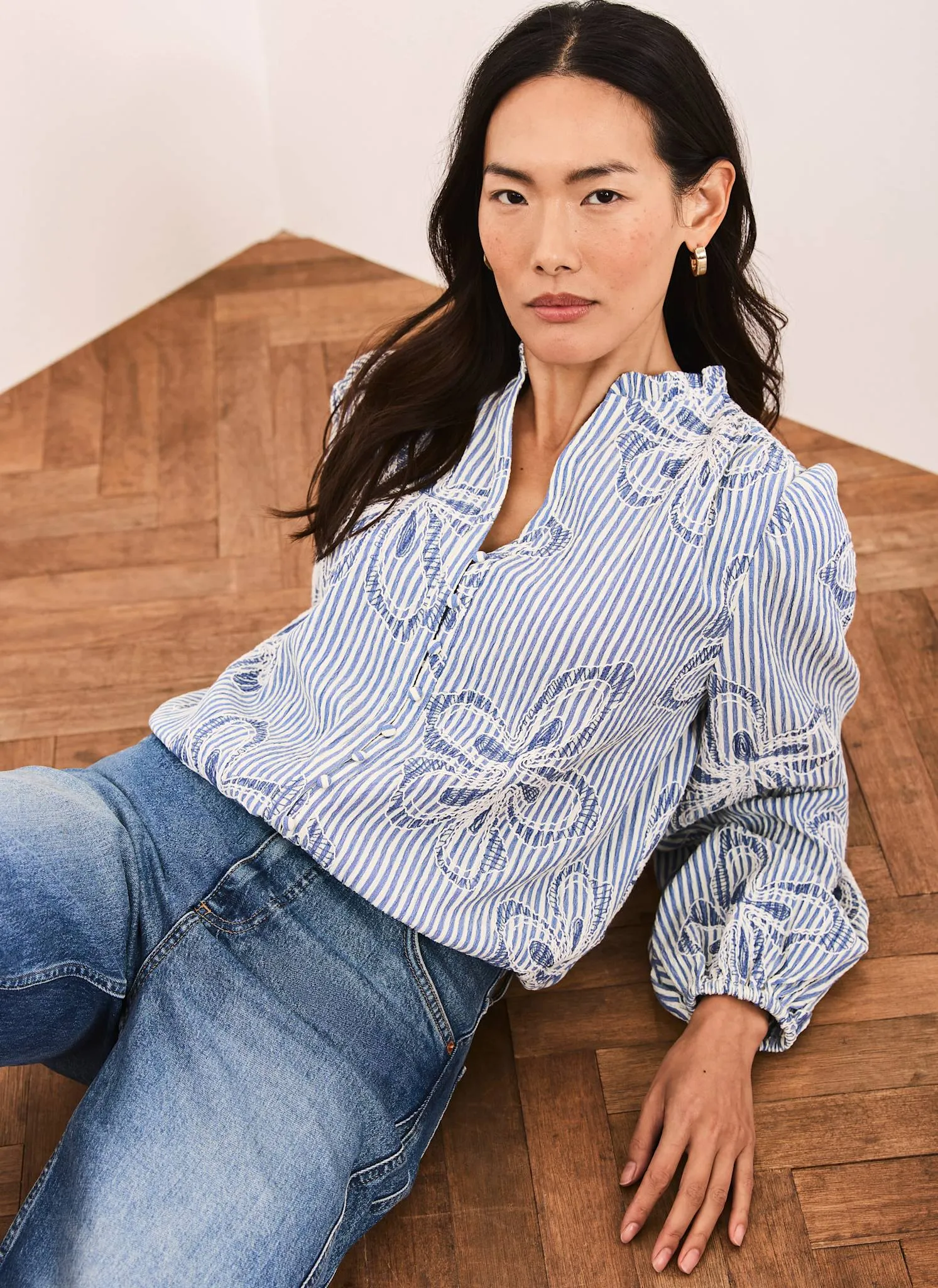 Blue Striped Embroidered Floral Blouse sold by Mint Velvet product image thumbnail 5