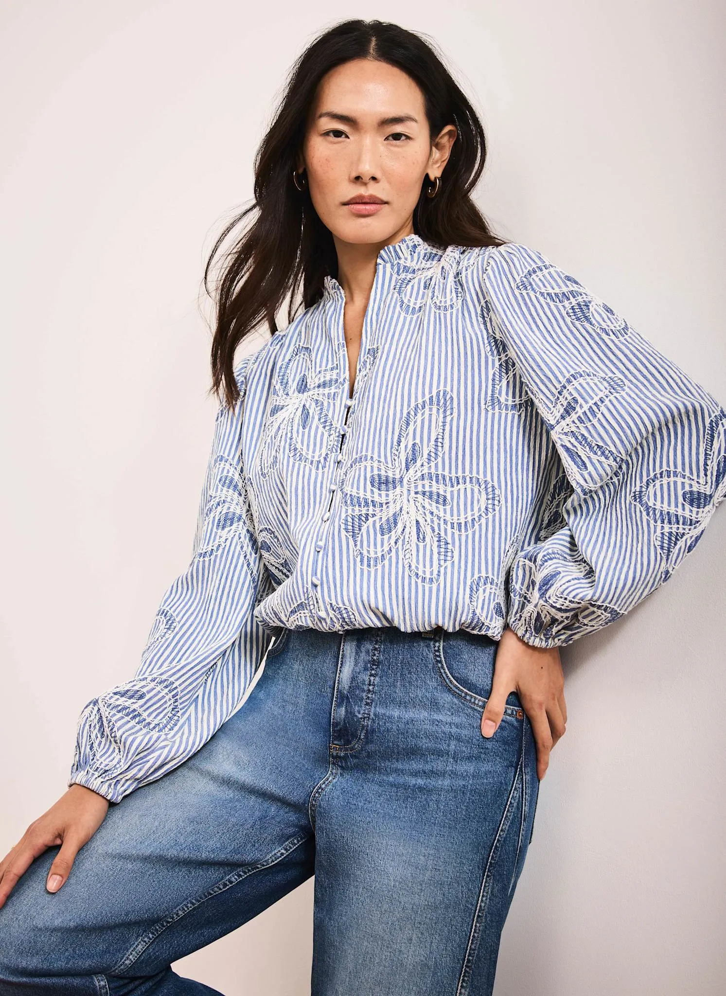 Blue Striped Embroidered Floral Blouse sold by Mint Velvet