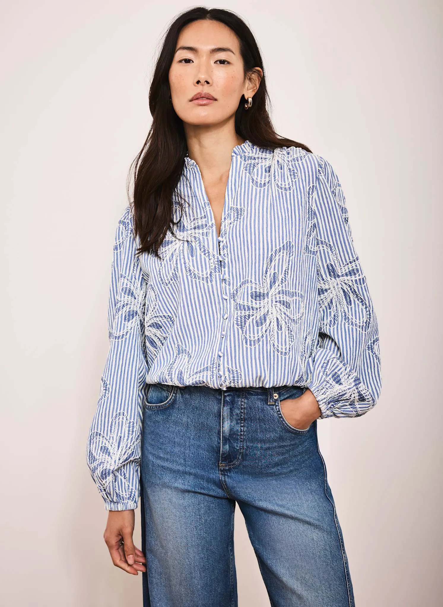 Blue Striped Embroidered Floral Blouse sold by Mint Velvet product image thumbnail 4