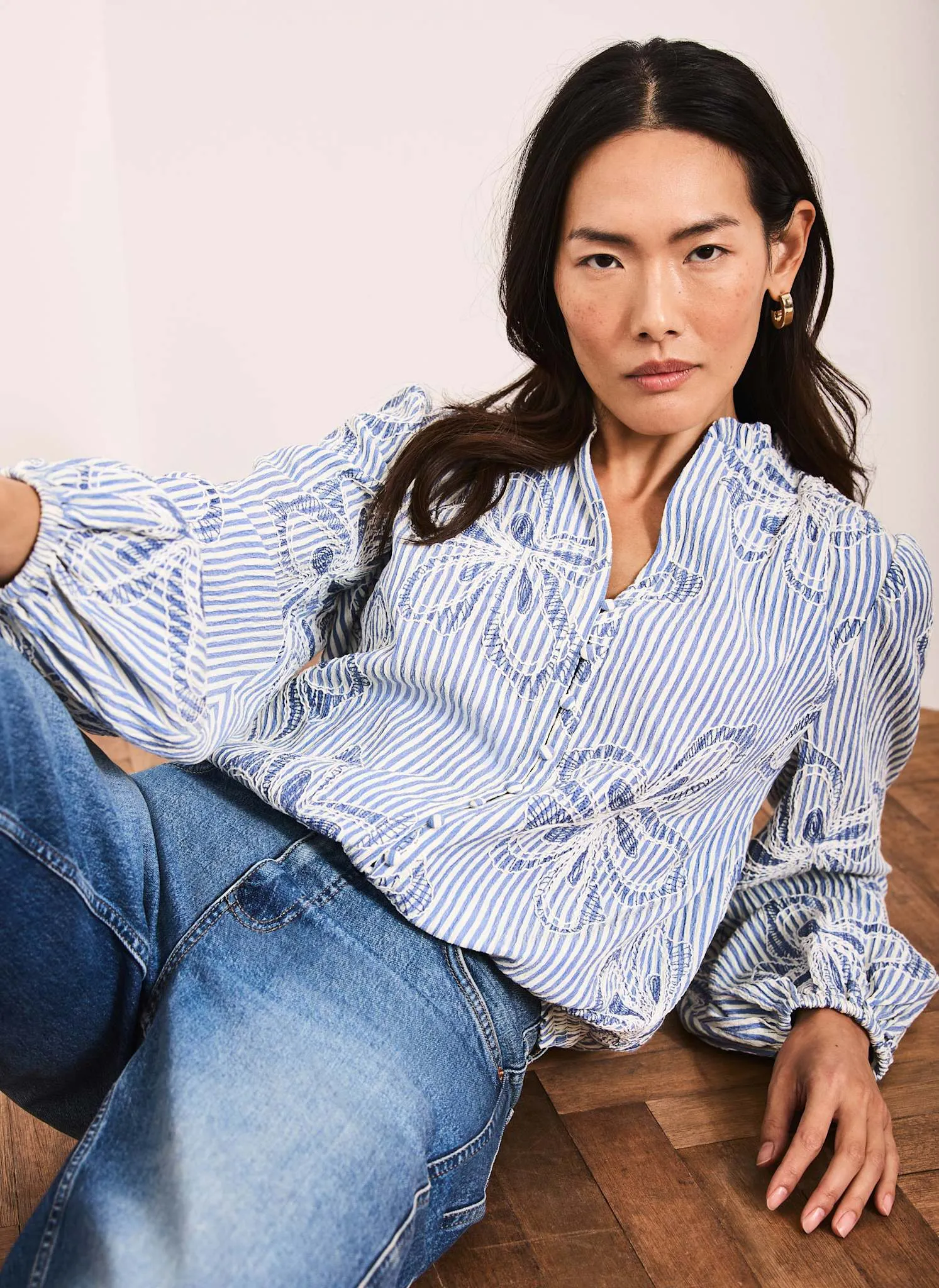 Blue Striped Embroidered Floral Blouse sold by Mint Velvet product image thumbnail 2