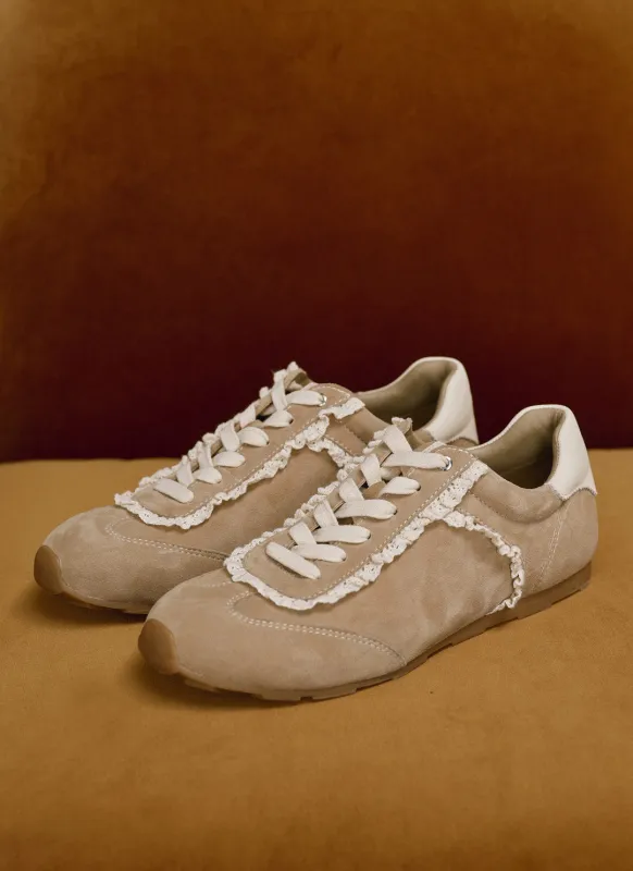 Lina Neutral Suede Lace Detail Trainers sold by Mint Velvet