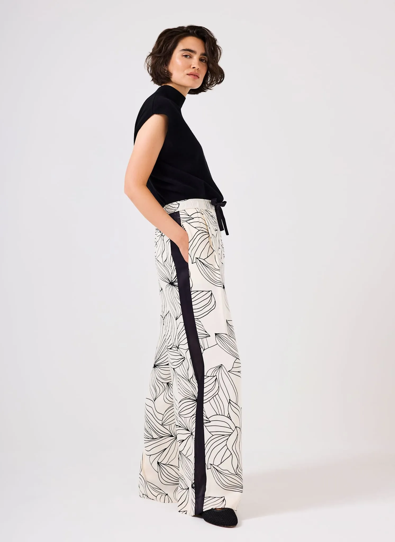 Cream Floral Print Wide Satin Trousers sold by Mint Velvet