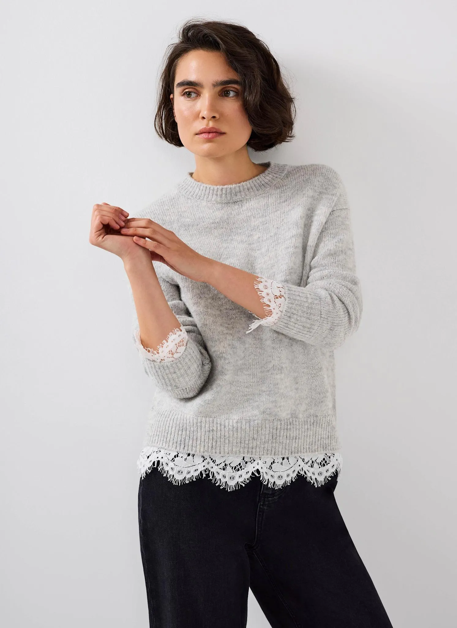 Grey Lace Detail Wool Blend Jumper sold by Mint Velvet product image thumbnail 2
