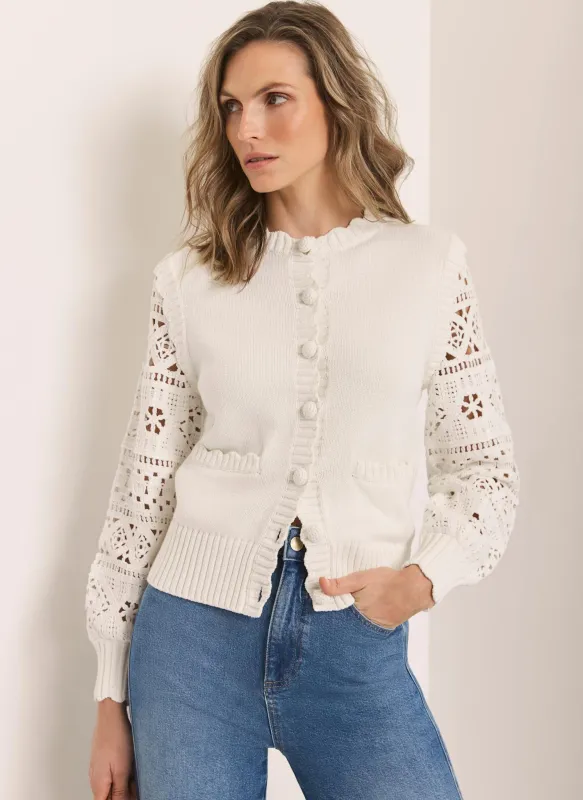 Cream Cotton Blend Crochet Cardigan sold by Mint Velvet