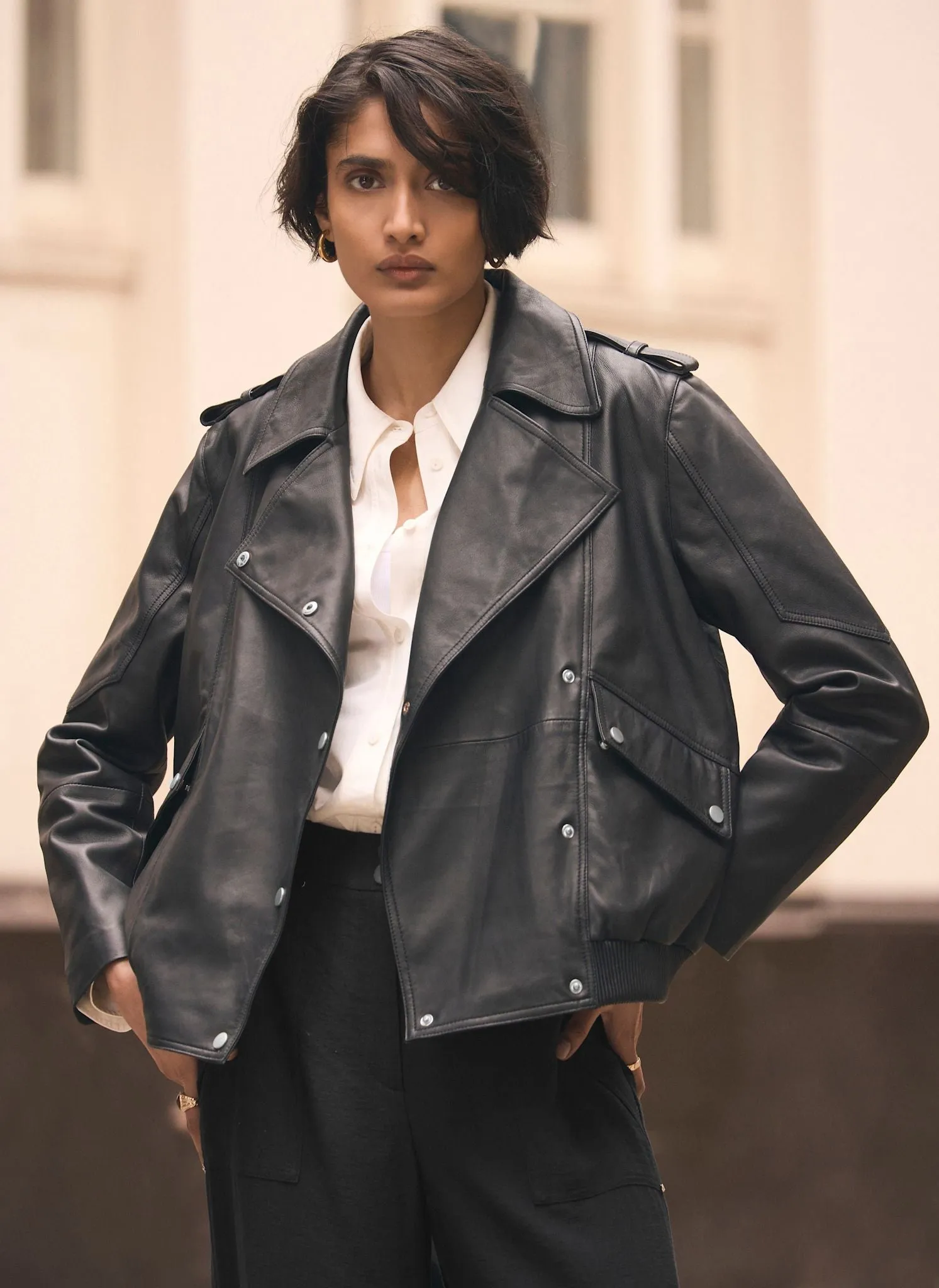 Black Leather Relaxed Biker Jacket sold by Mint Velvet