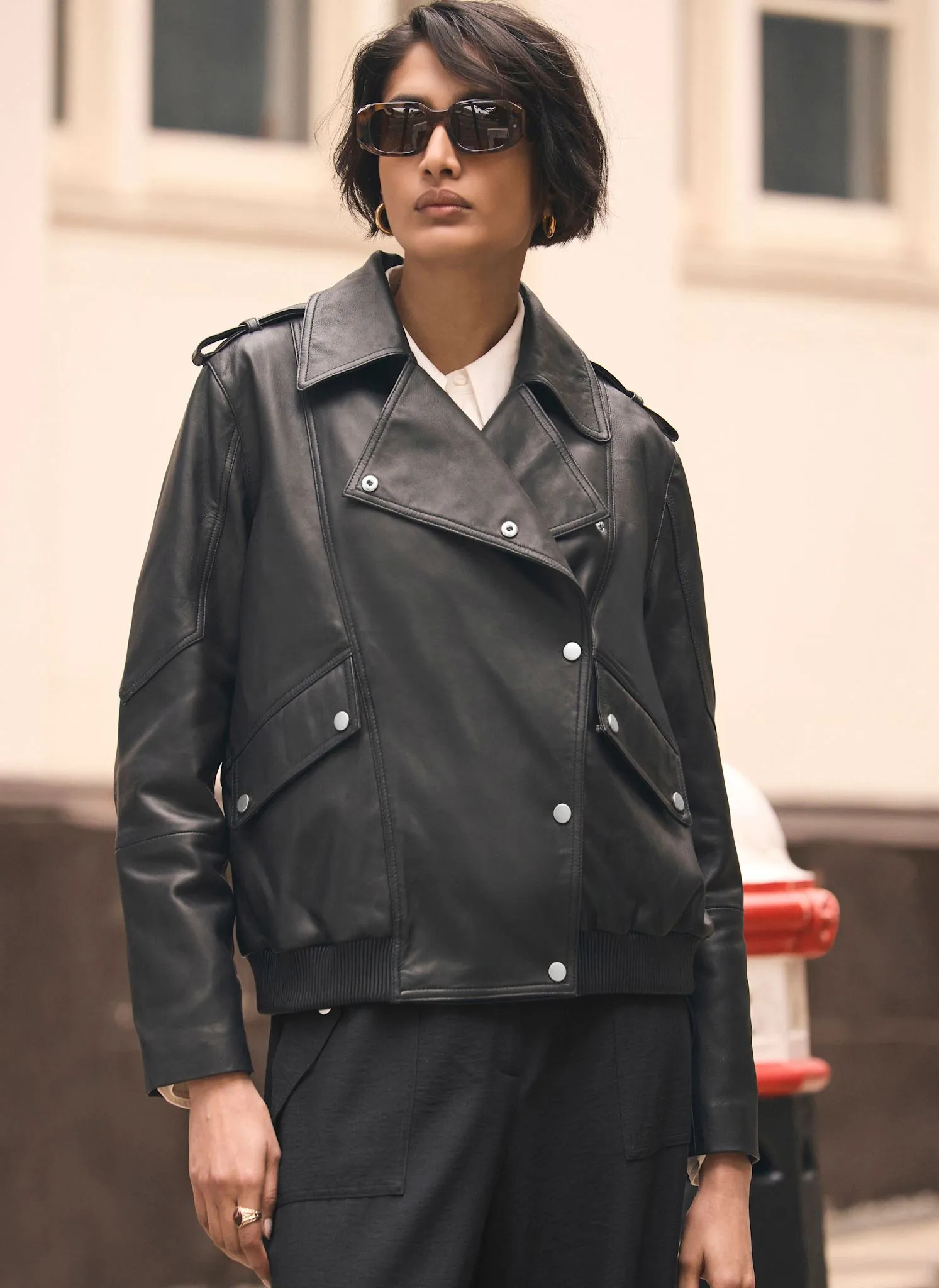 Black Leather Relaxed Biker Jacket sold by Mint Velvet product image thumbnail 4