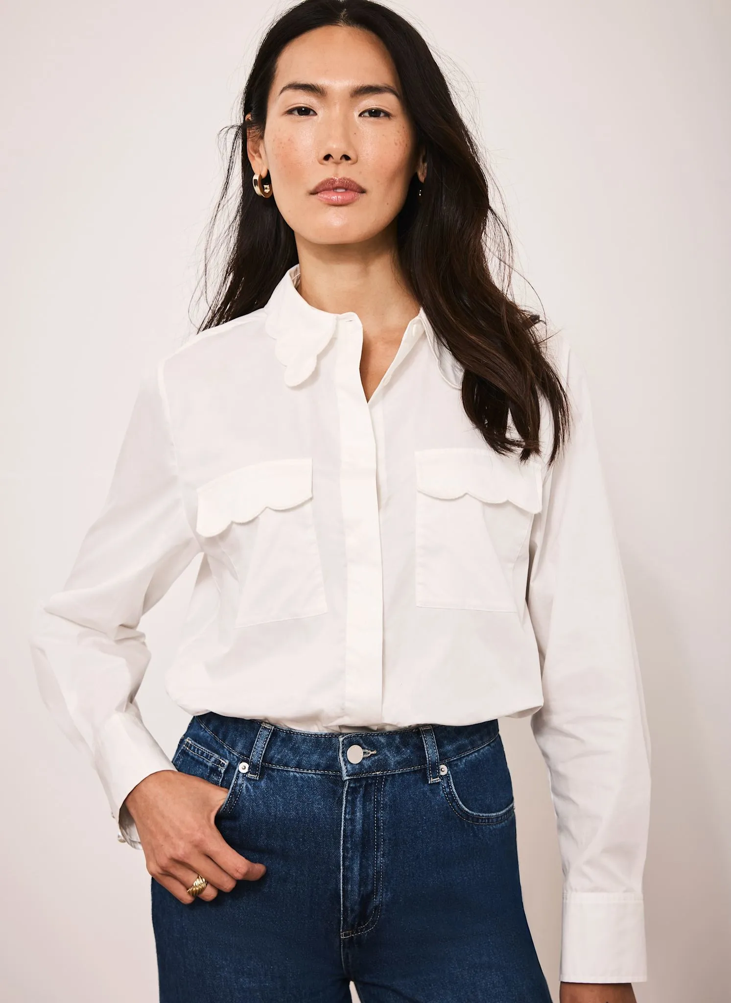 White Cotton Scallop Detail Shirt sold by Mint Velvet product image thumbnail 2