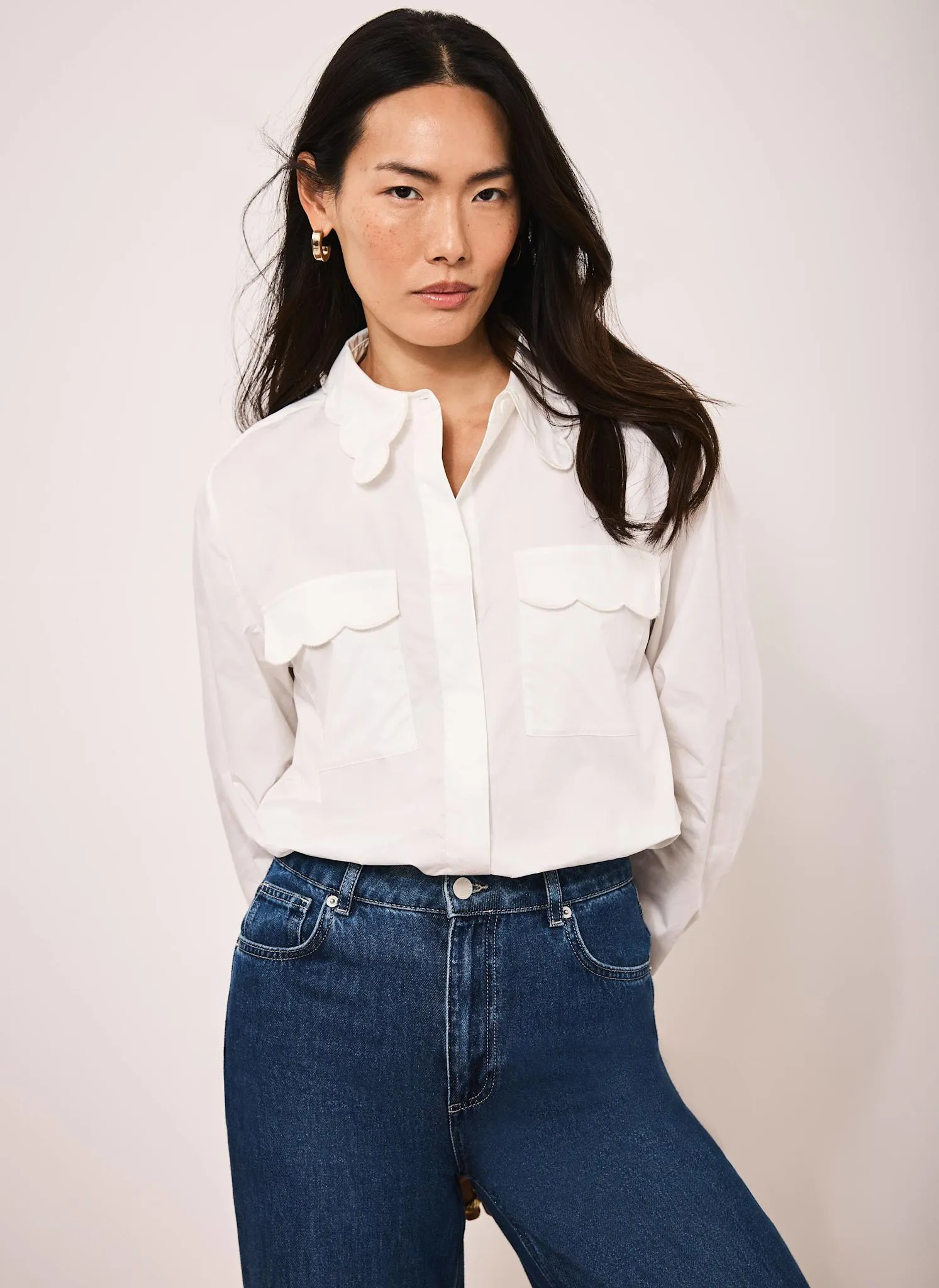 White Cotton Scallop Detail Shirt sold by Mint Velvet