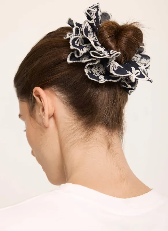 Navy Cotton Embroidered Scrunchie sold by Mint Velvet