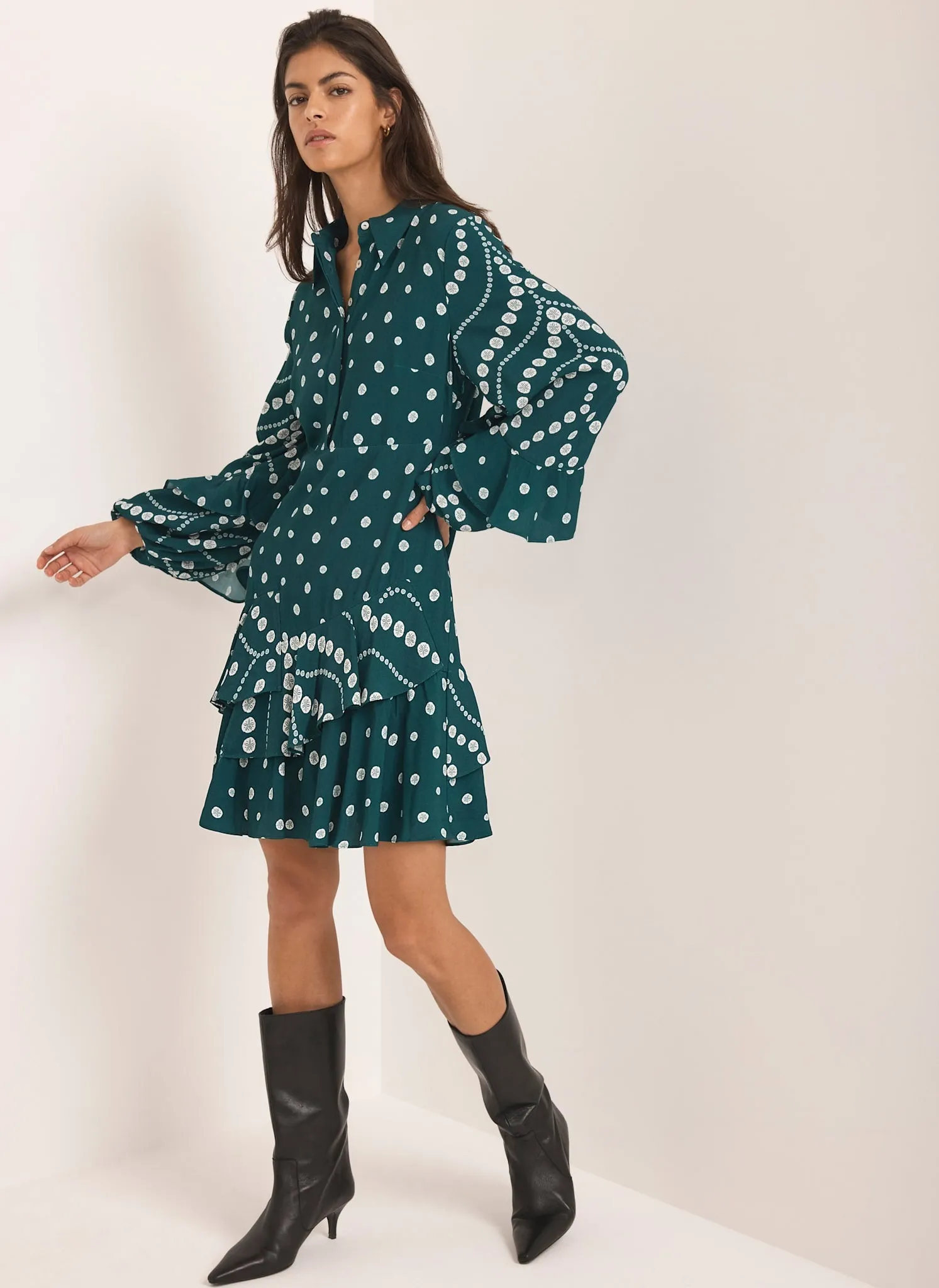 Teal Printed Ruffle Mini Dress sold by Mint Velvet product image thumbnail 2