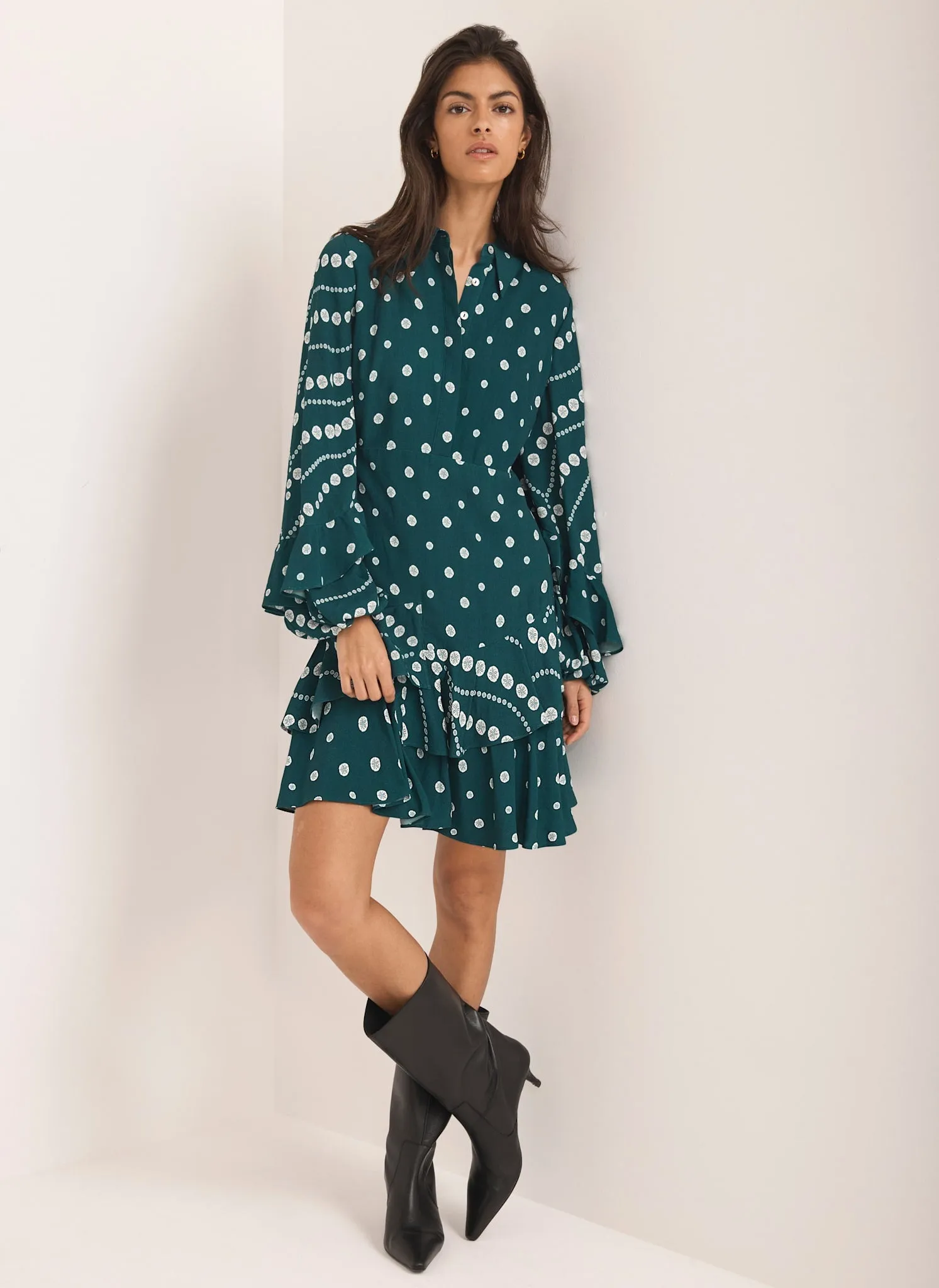 Teal Printed Ruffle Mini Dress sold by Mint Velvet