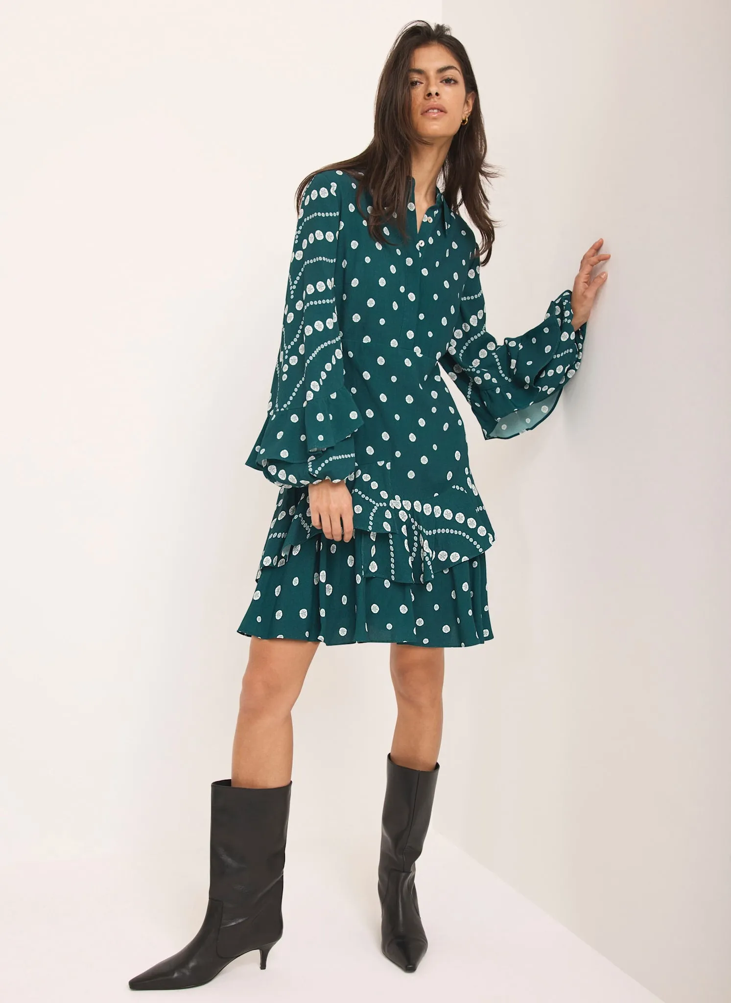 Teal Printed Ruffle Mini Dress sold by Mint Velvet product image thumbnail 4