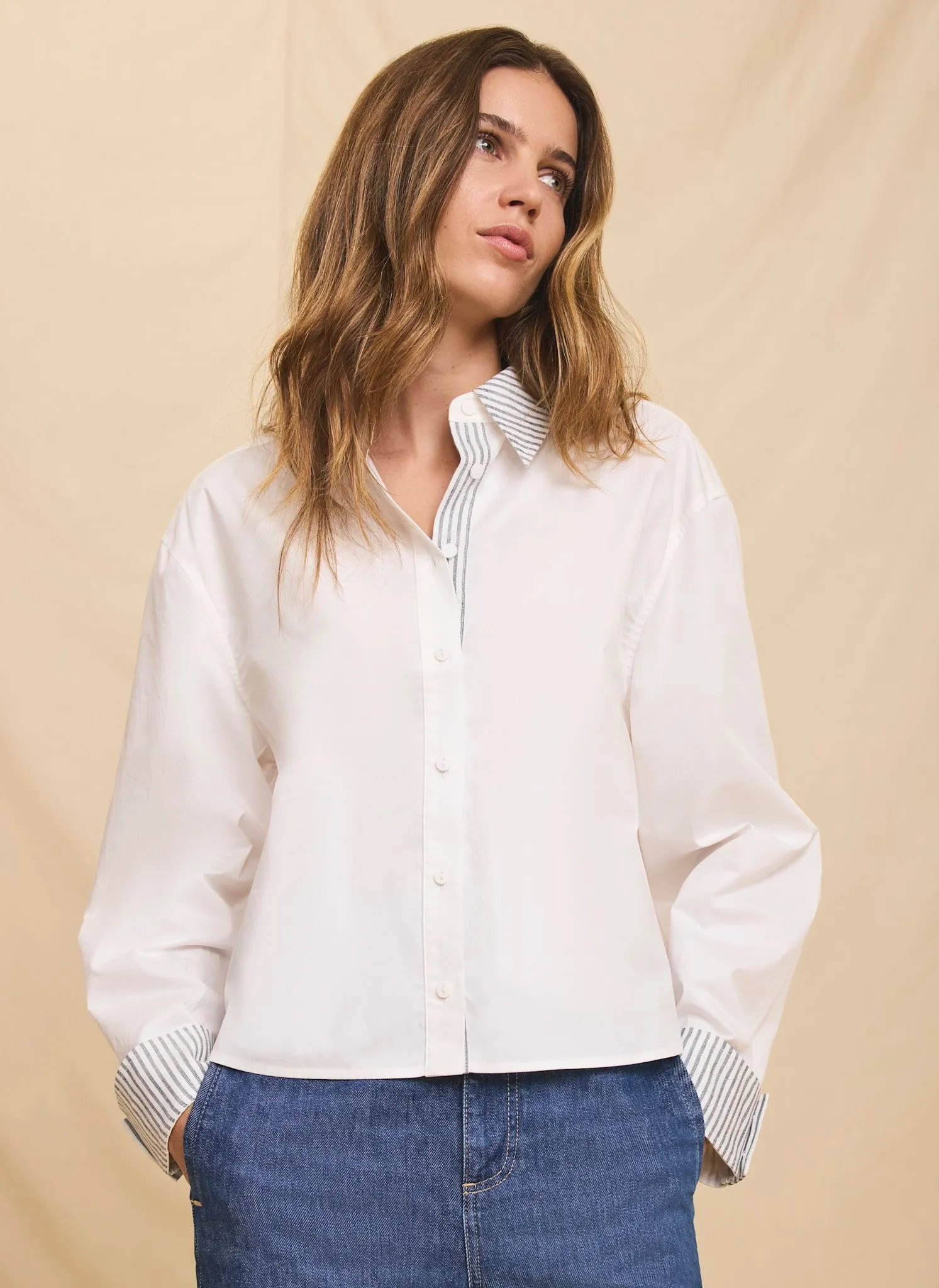 White Cotton Stripe Detail Cropped Shirt sold by Mint Velvet product image thumbnail 3