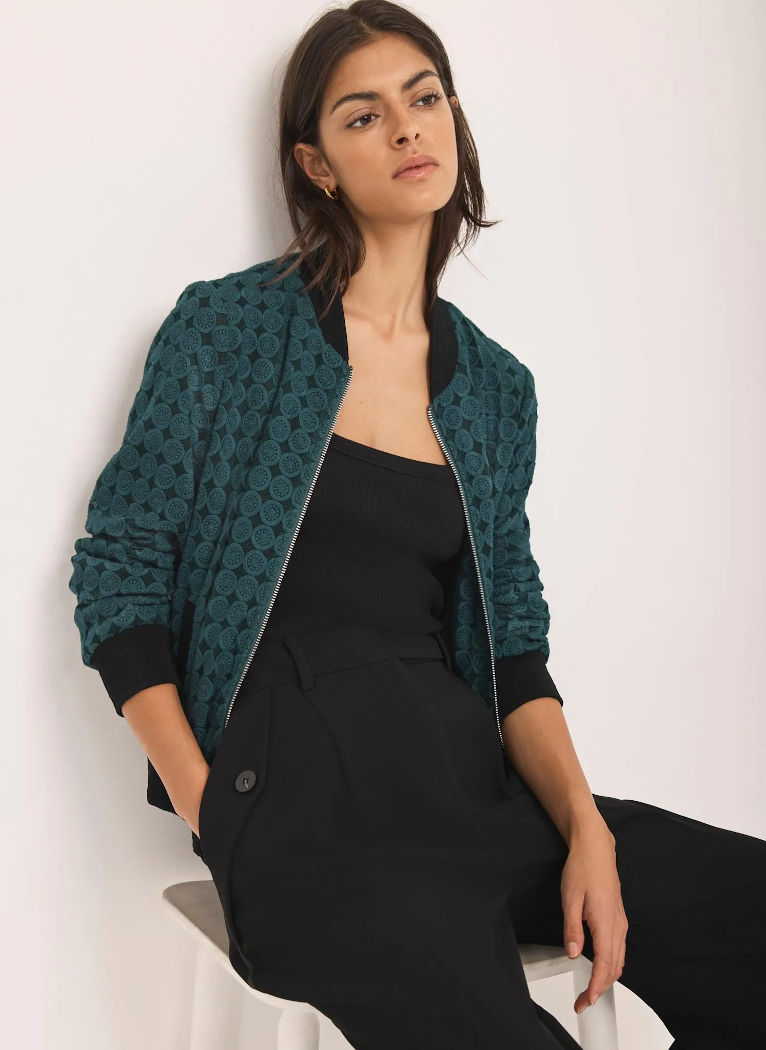 Teal Geometric Lace Bomber Jacket sold by Mint Velvet product image thumbnail 2