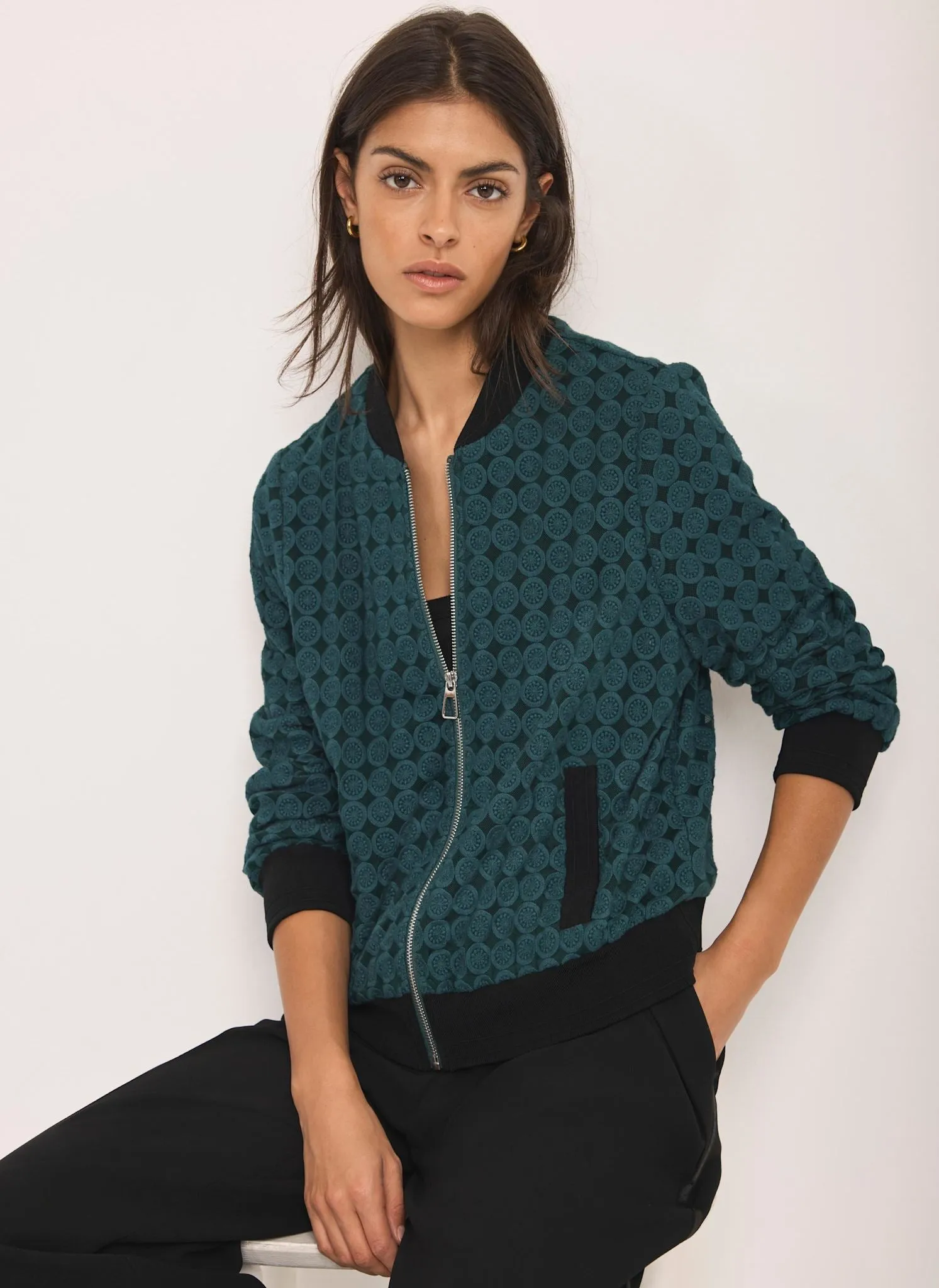 Teal Geometric Lace Bomber Jacket sold by Mint Velvet