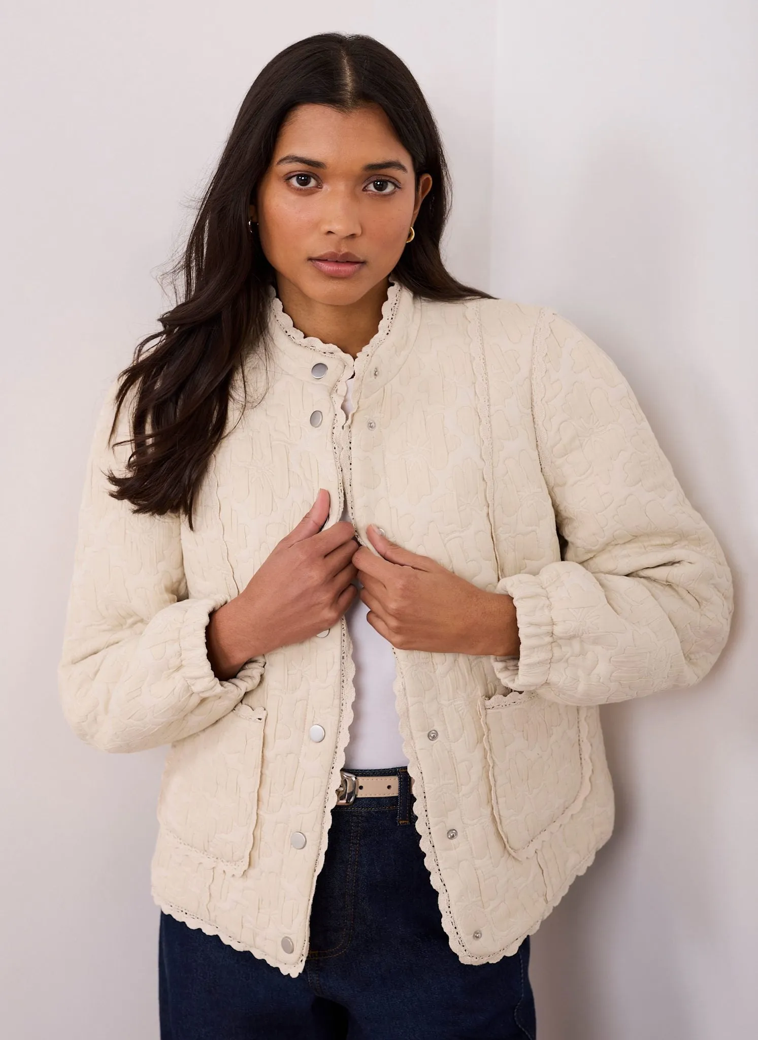 Cream Floral Jacquard Quilted Jacket sold by Mint Velvet