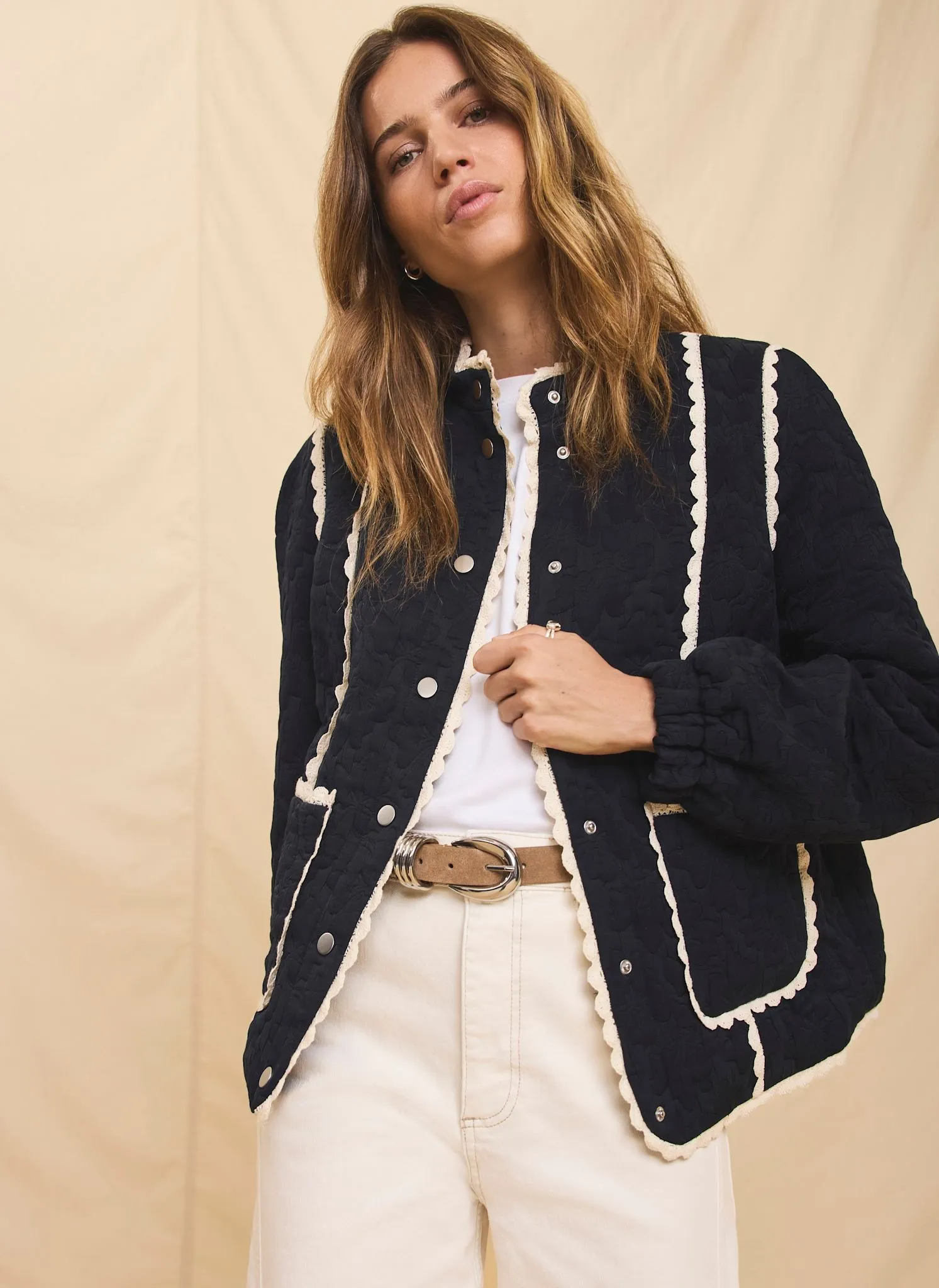 Navy Floral Jacquard Quilted Jacket sold by Mint Velvet