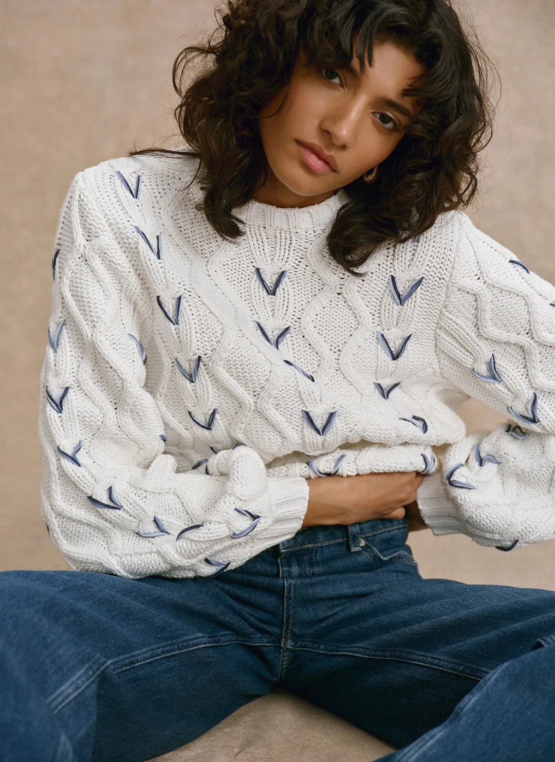 Cream Cable Knit Whipstitch Jumper sold by Mint Velvet product image thumbnail 2