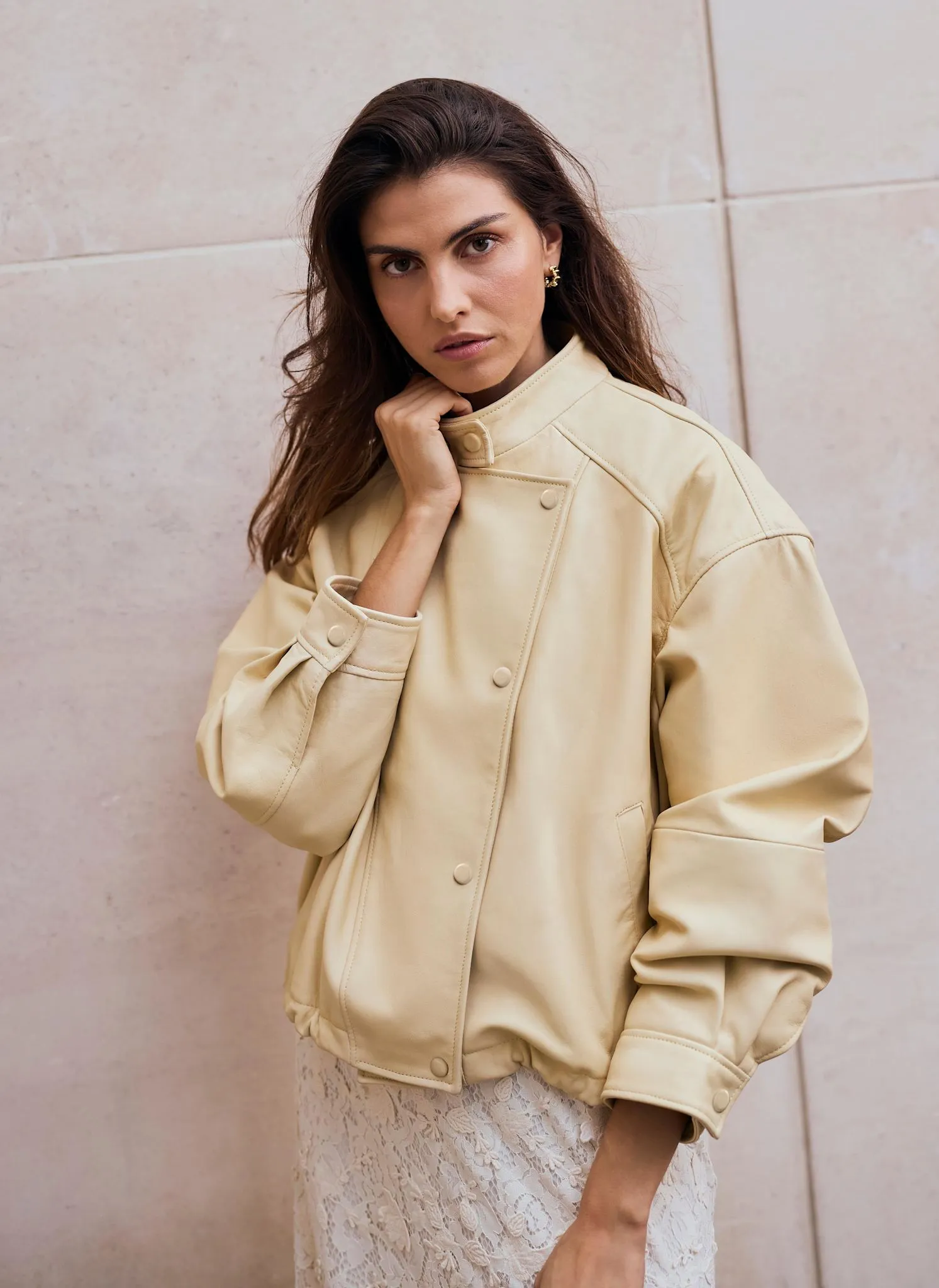 Butter Yellow Leather Cropped Pilot Bomber Jacket sold by Mint Velvet