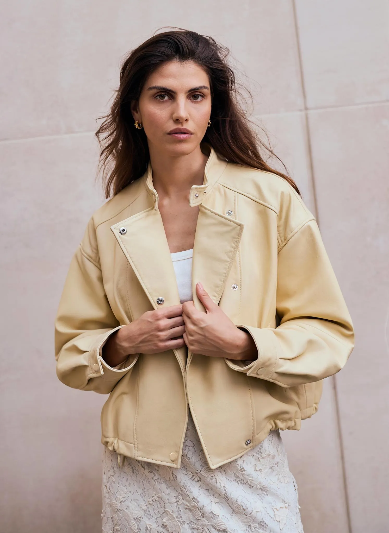 Butter Yellow Leather Cropped Pilot Bomber Jacket sold by Mint Velvet product image thumbnail 2