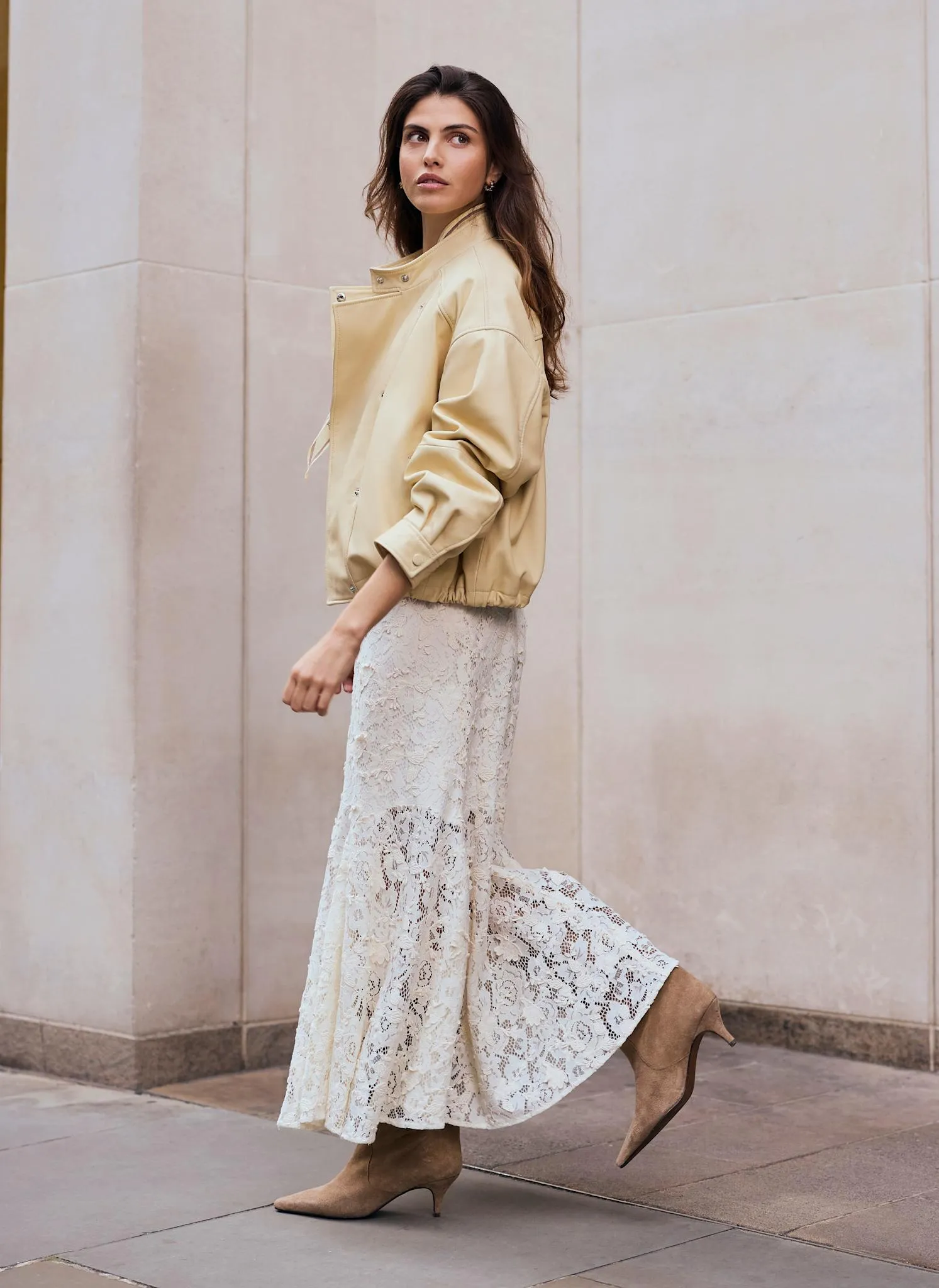 Butter Yellow Leather Cropped Pilot Bomber Jacket sold by Mint Velvet product image thumbnail 3