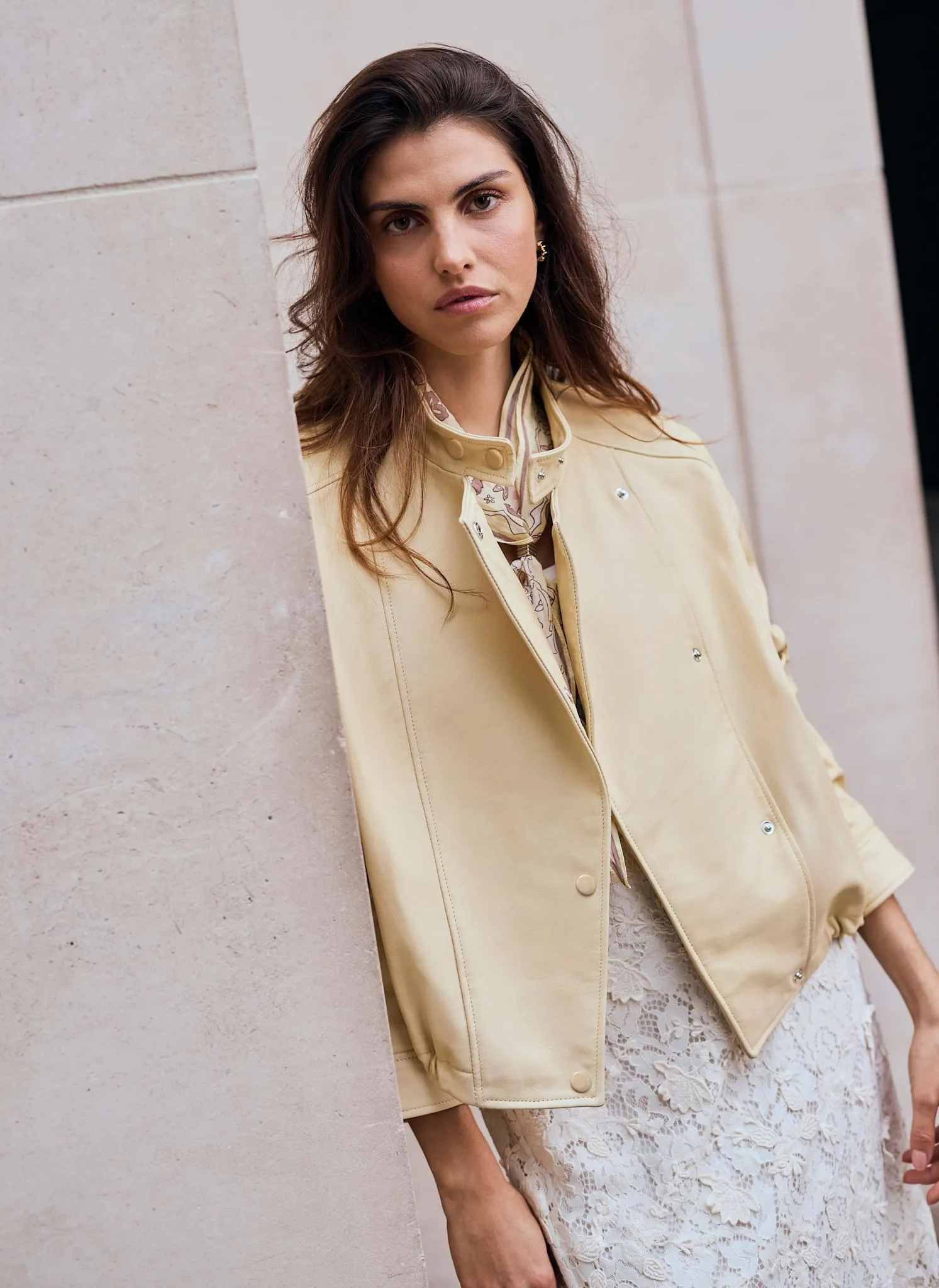 Butter Yellow Leather Cropped Pilot Bomber Jacket sold by Mint Velvet product image thumbnail 5