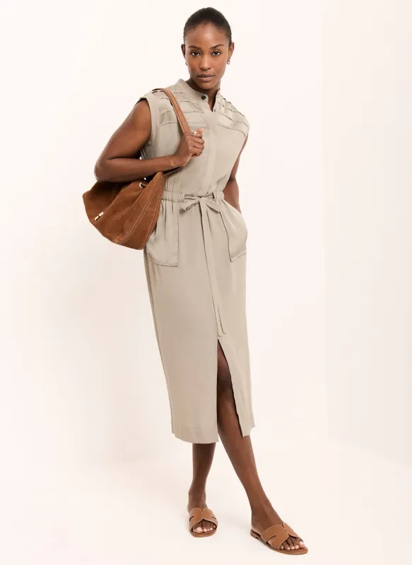 Khaki Satin Utility Midi Dress sold by Mint Velvet