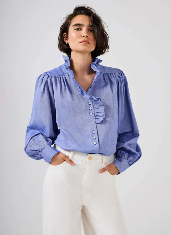 Blue Cotton Chambray Ruffle Blouse sold by Mint Velvet