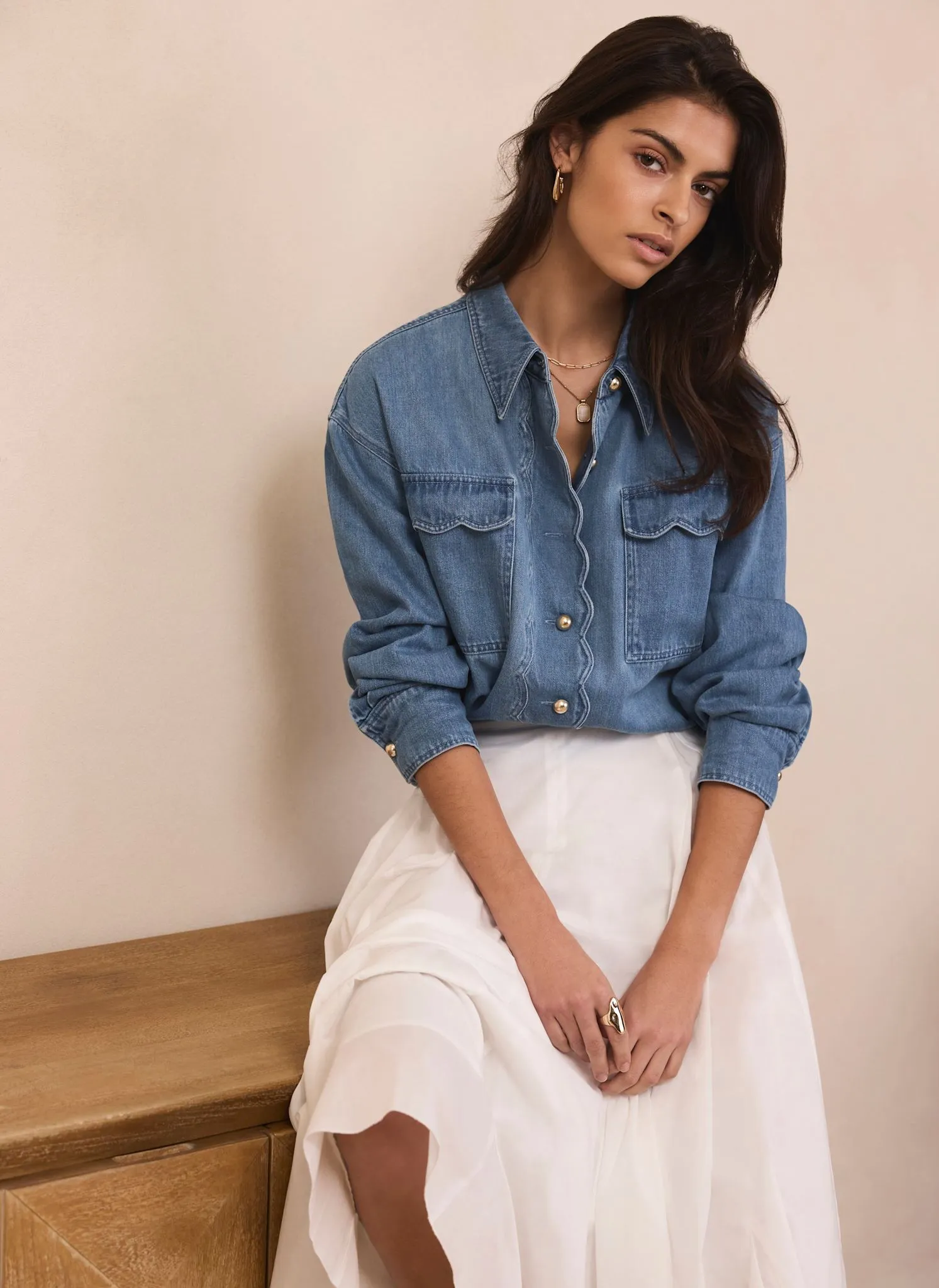 Mid Indigo Denim Scallop Shirt sold by Mint Velvet