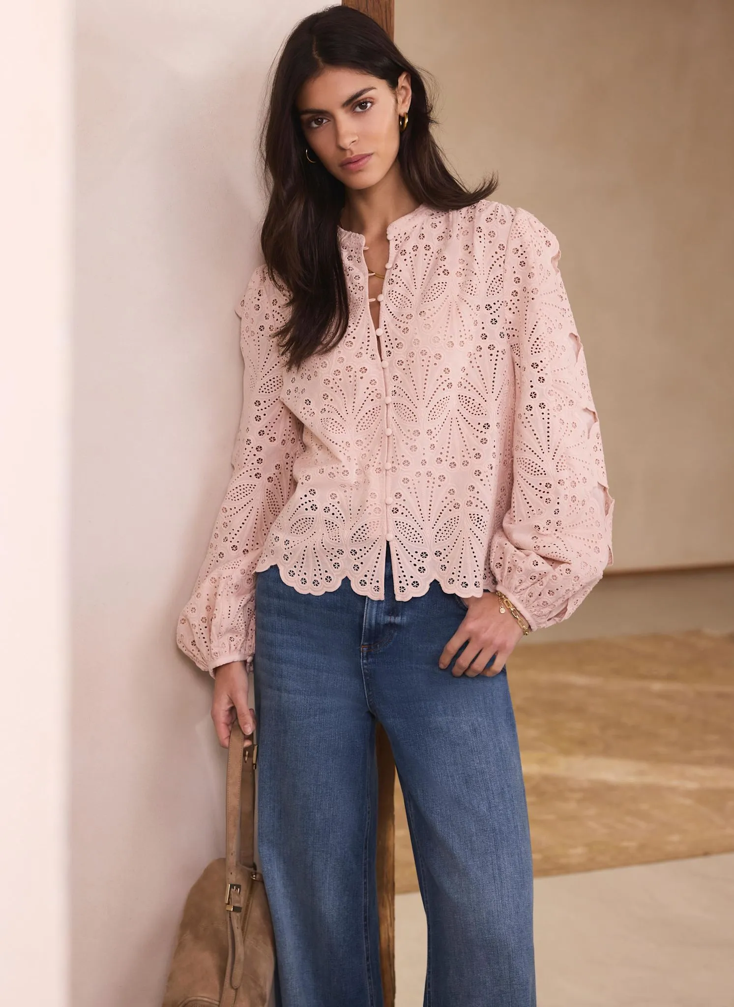 Pink Cotton Broderie Detail Blouse sold by Mint Velvet