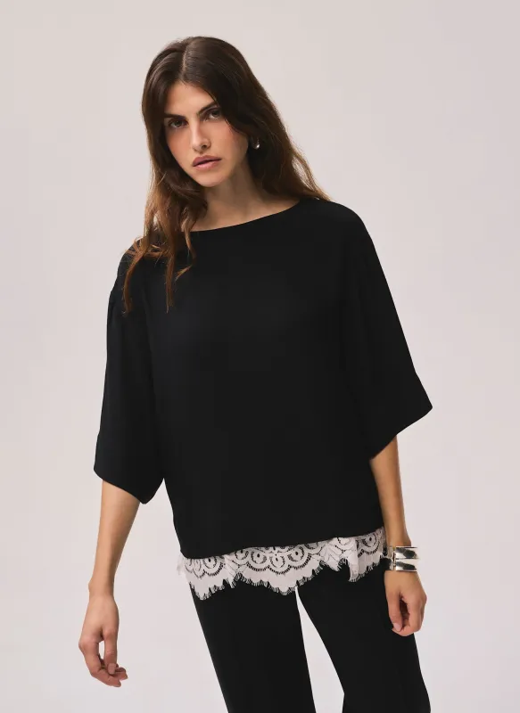 Black Satin Lace Trim Top sold by Mint Velvet