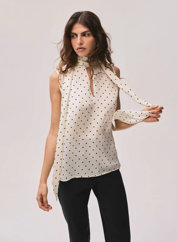 Cream Polka Dot Tie Neck Top sold by Mint Velvet