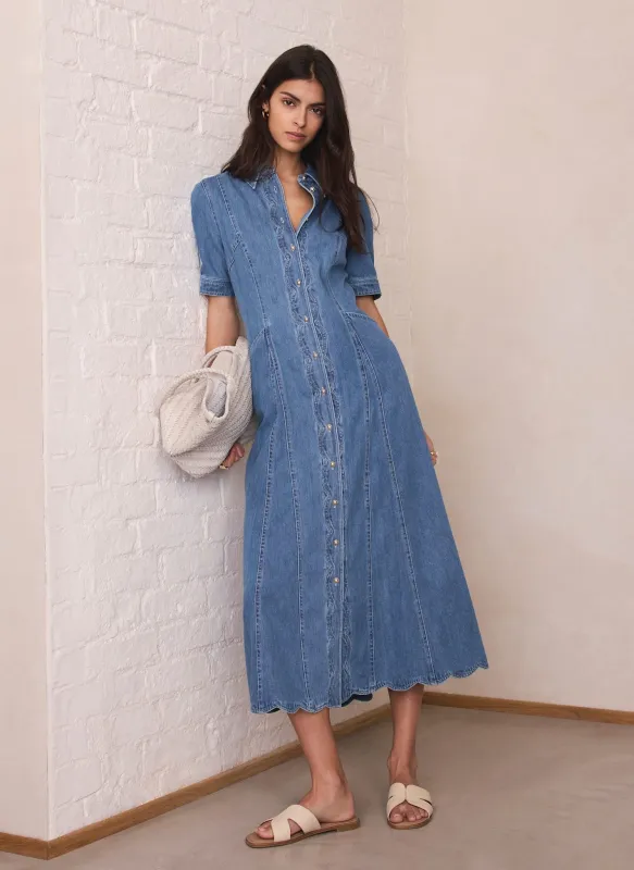 Indigo Denim Scallop Detail Midi Dress sold by Mint Velvet