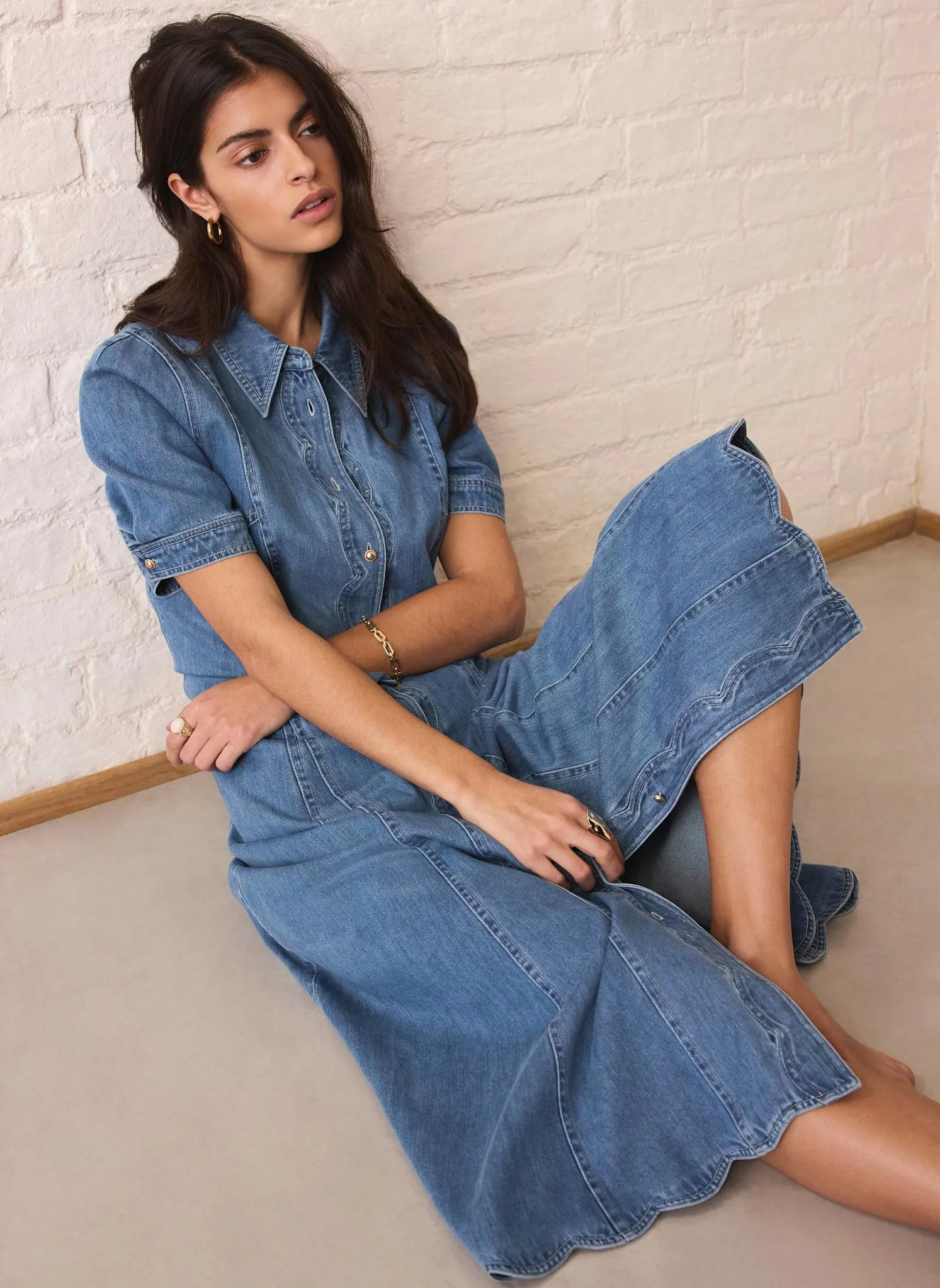Indigo Denim Scallop Detail Midi Dress sold by Mint Velvet product image thumbnail 3