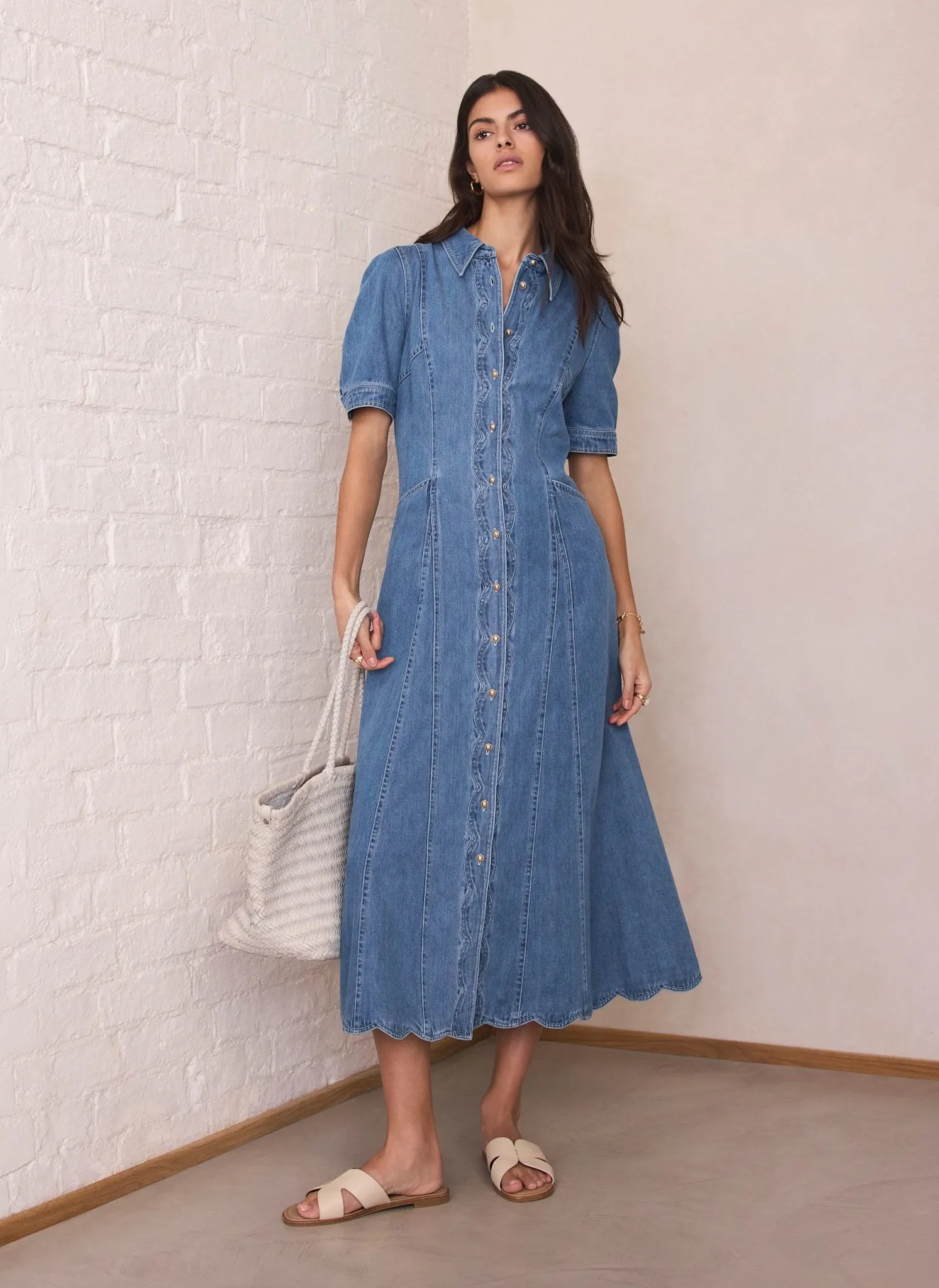Indigo Denim Scallop Detail Midi Dress sold by Mint Velvet product image thumbnail 5