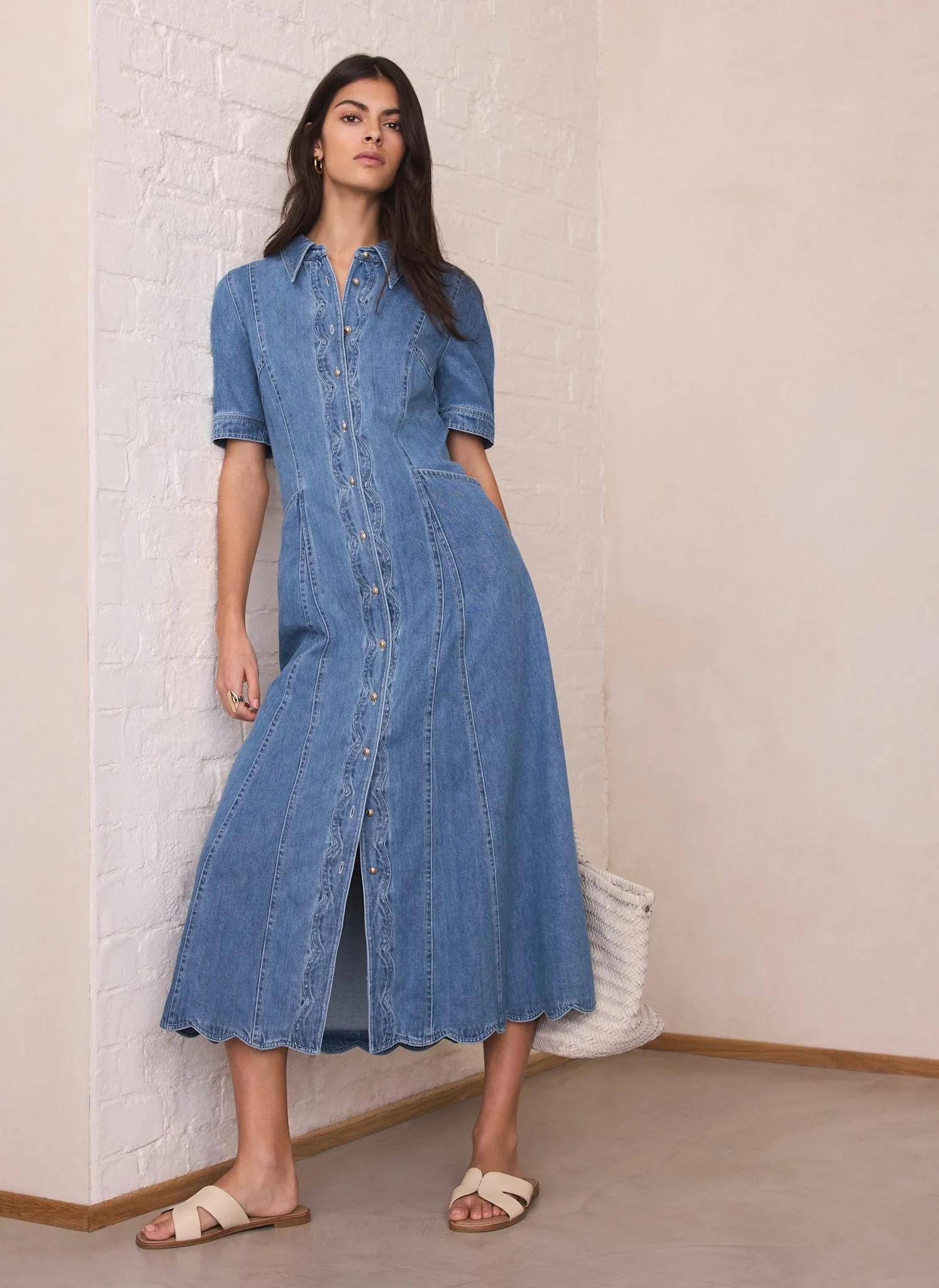 Indigo Denim Scallop Detail Midi Dress sold by Mint Velvet product image thumbnail 2