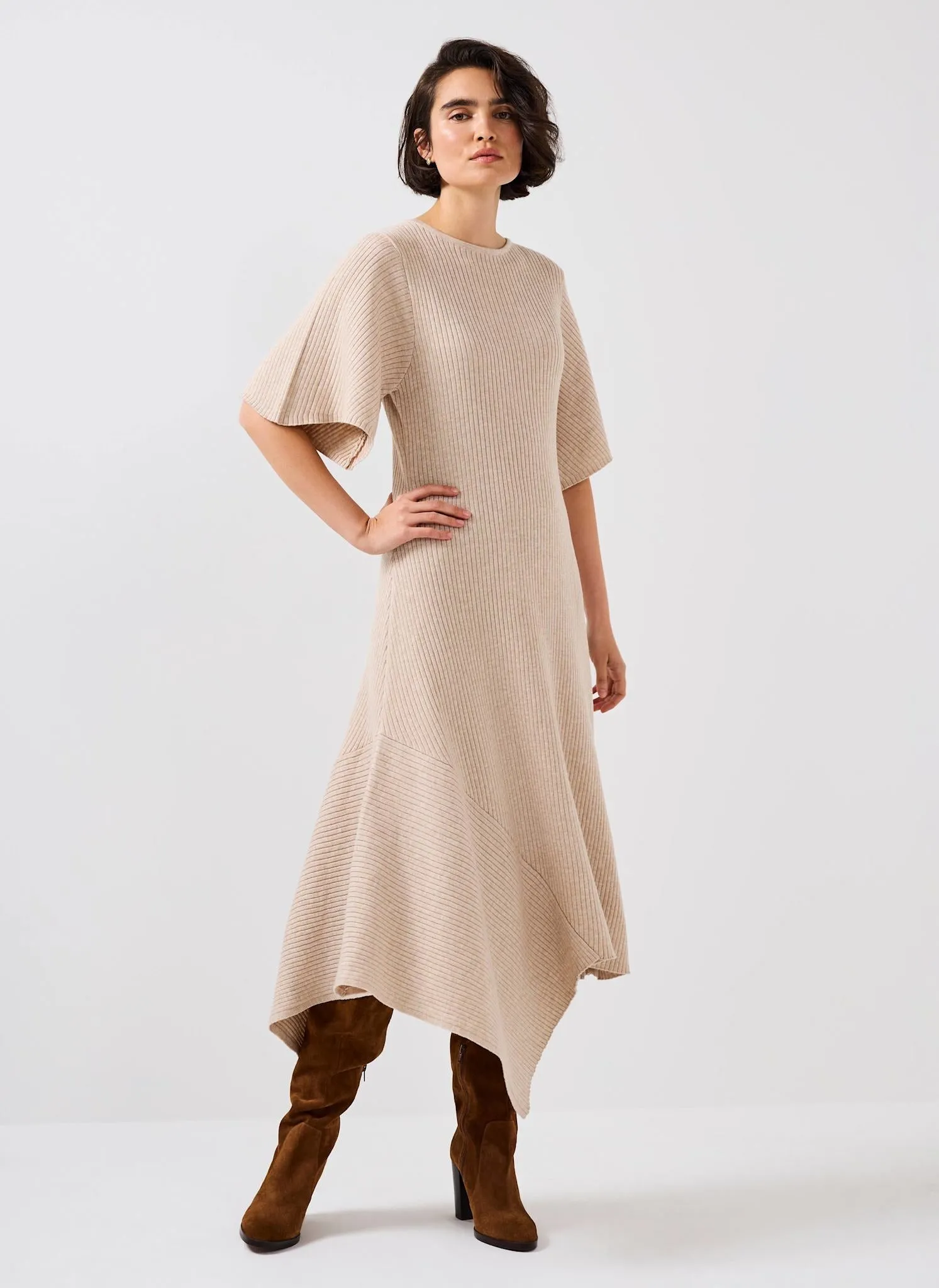 Neutral Rib Knit Asymmetric Dress sold by Mint Velvet