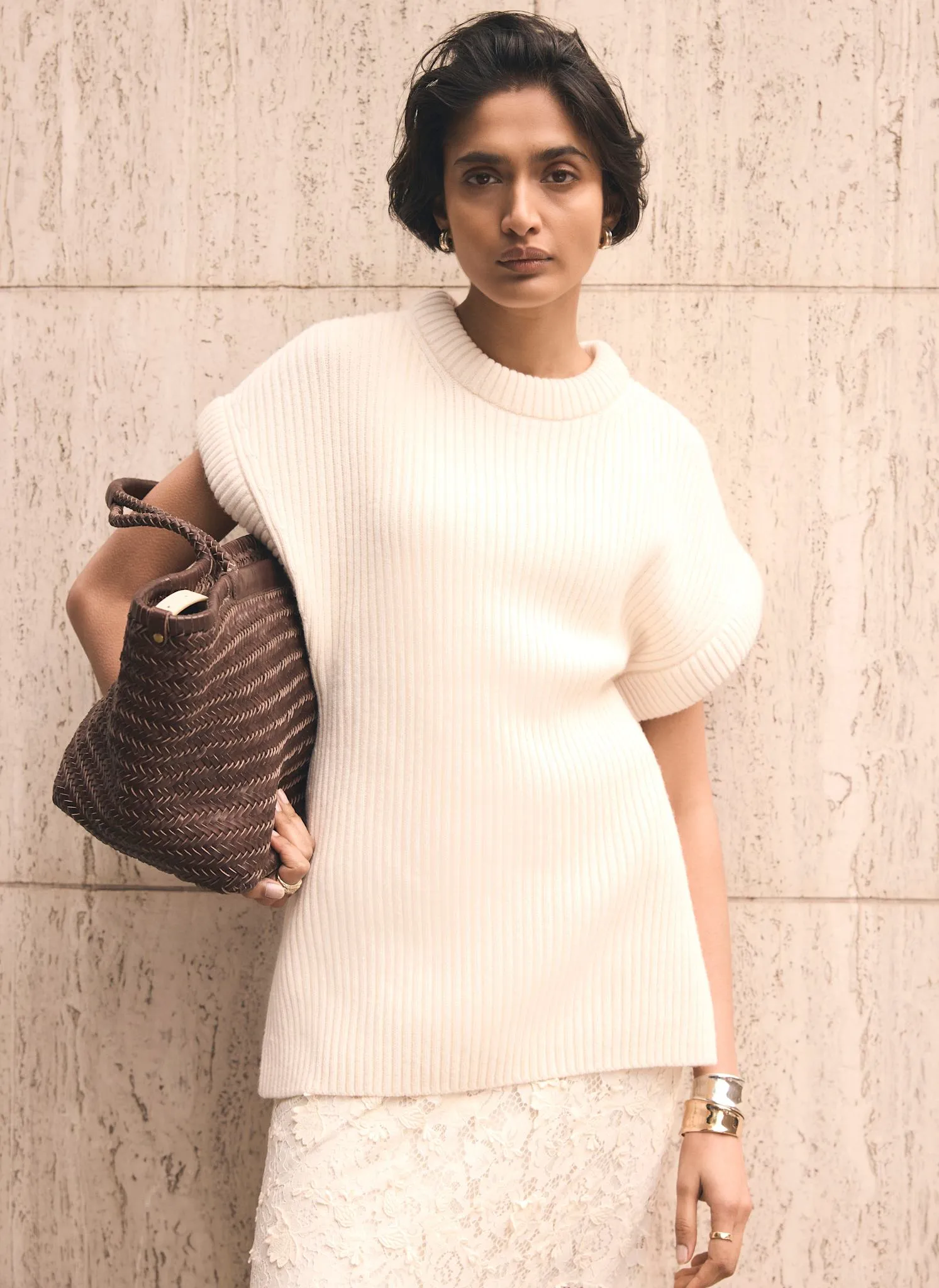 Cream Wool Blend Longline Knit Top sold by Mint Velvet