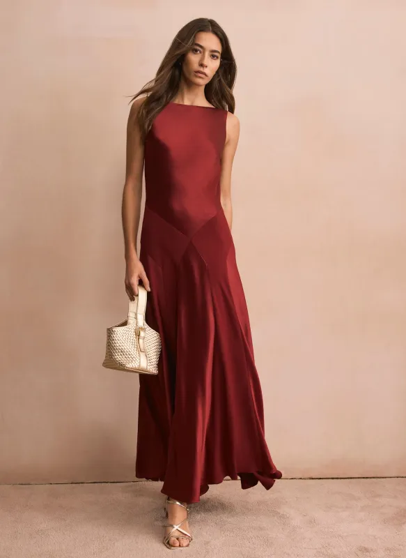 Burgundy Satin Panelled Maxi Dress sold by Mint Velvet