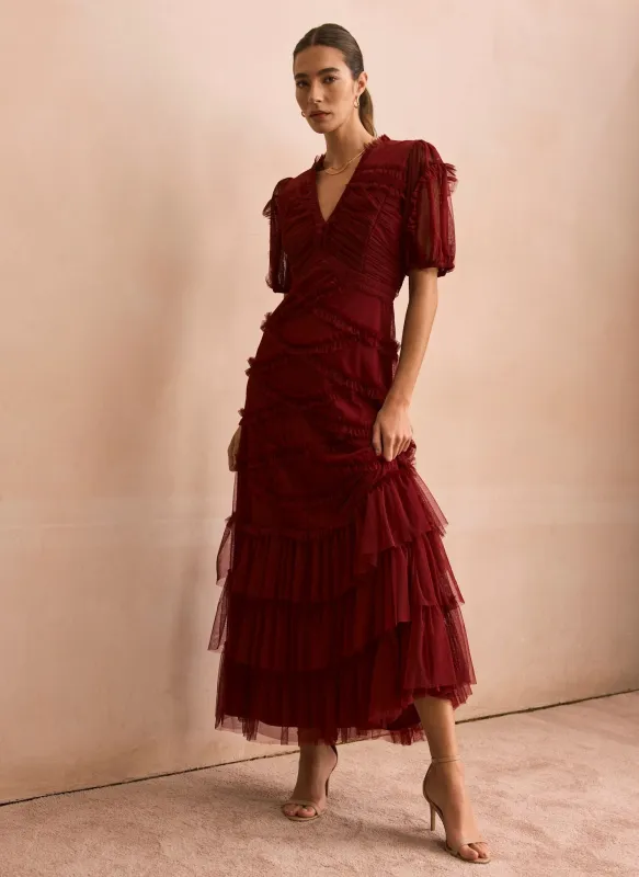 Burgundy Tulle Ruffle Maxi Dress sold by Mint Velvet