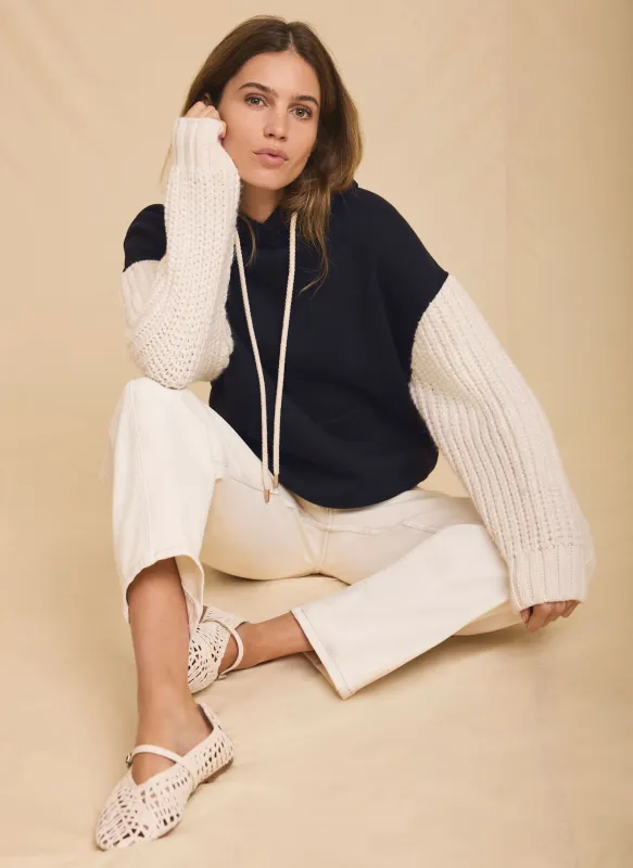 Navy Cotton Blend Contrast Sleeve Hoodie sold by Mint Velvet