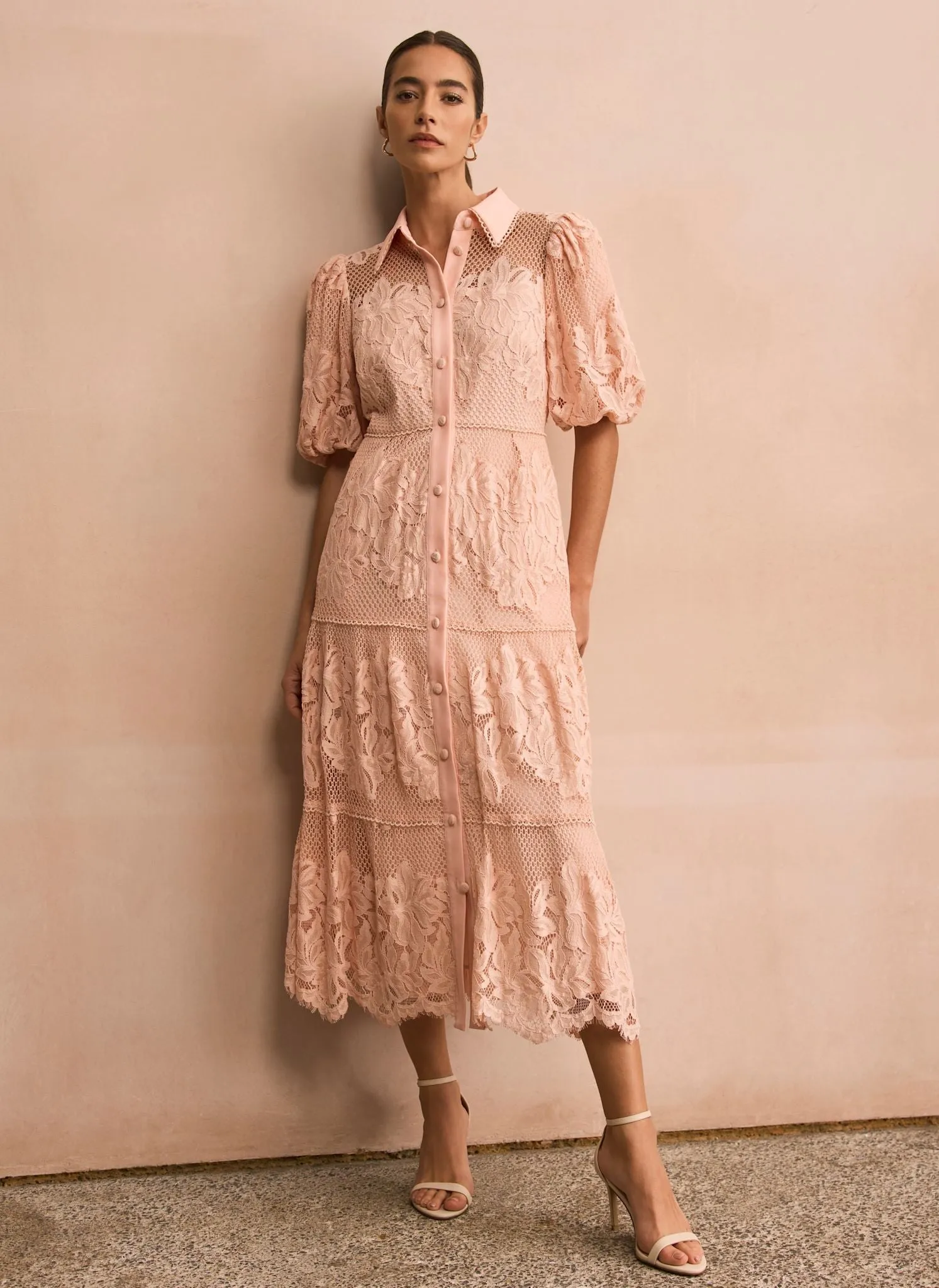 Pink Lace Midi Shirt Dress sold by Mint Velvet