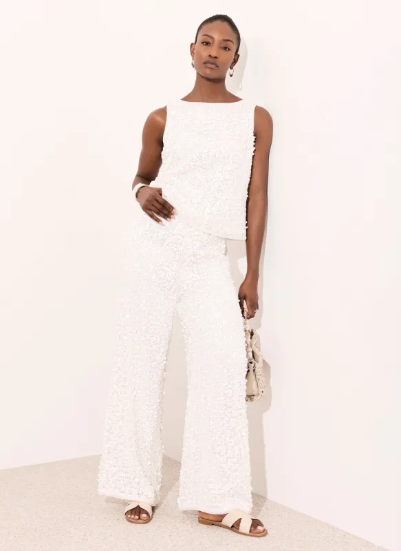 White Sequin Wide Beach Trousers made by Mint Velvet