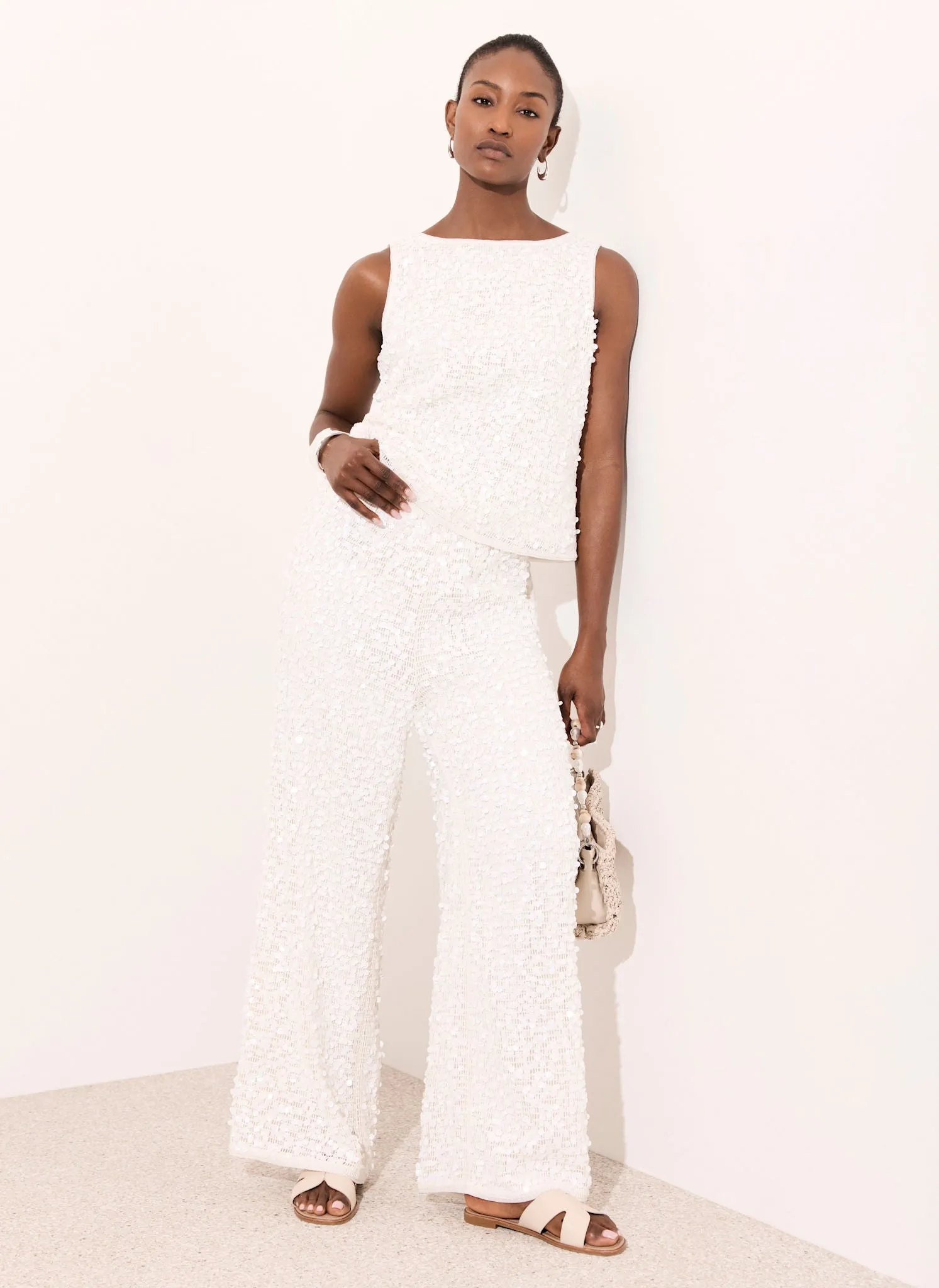 White Sequin Wide Beach Trousers sold by Mint Velvet